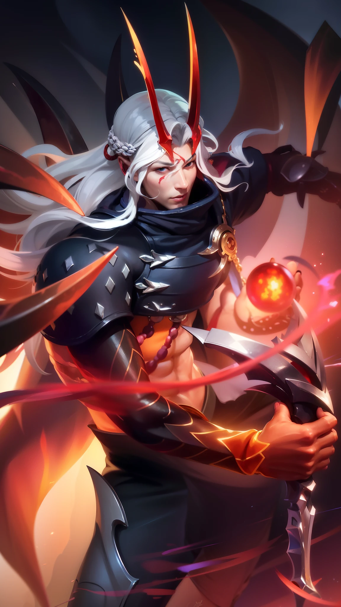 masculine male, masterpiece, ((perfect eyes)) best quality, (semirealism:1.9), beautiful lighting, (extremely detailed CG unity 4k fhd wallpaper), High Detail, Sharp focus, dramatic outdoors, red short hair, Best quality, detailed skin texture, detailed clothes texture, detailed face, super detail, 8k, intricate detail, 1 boy, The color doesn't change, Muscle guy, 1 guy character with a sword and a demon like face, onmyoji detailed art, onmyoji, heise jinyao, g liulian art style, onmyoji portrait, sylas, official splash art, by Yang J, splash art, rossdraws sakimimichan, amazing portrait of viego, by Zahari Zograf.