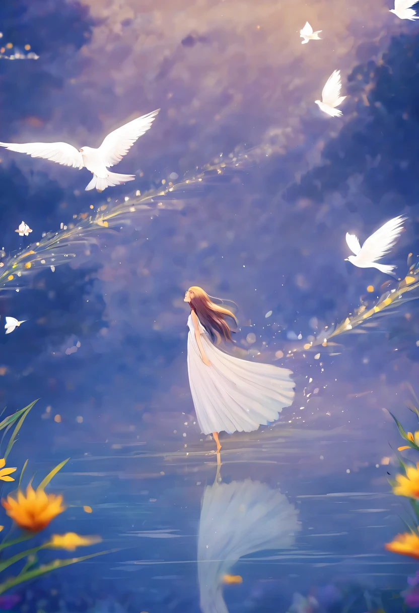 A woman in a white dress is walking through a field of flowers - SeaArt AI