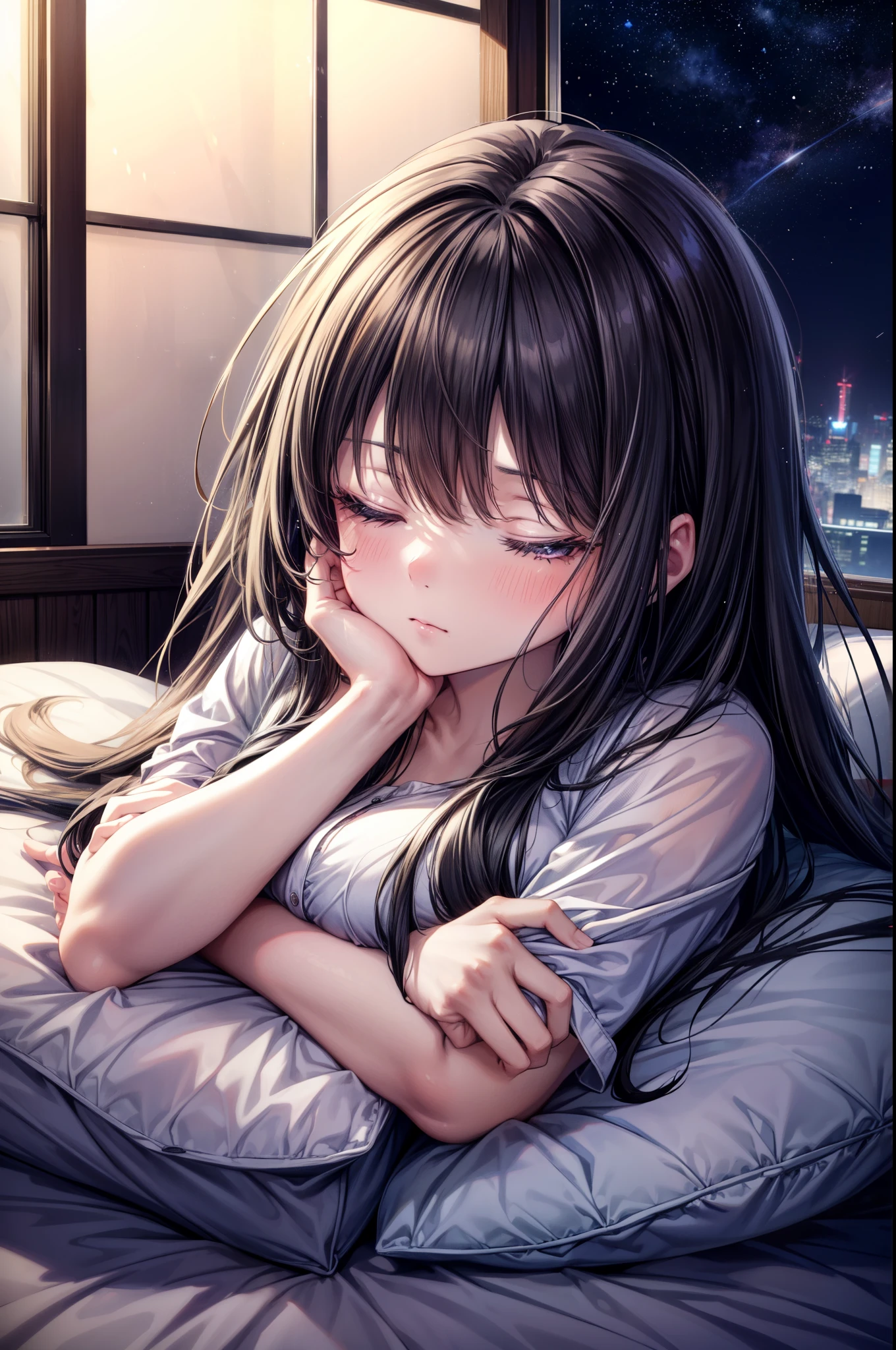 yuukikonno, Yuki Konno,  long hair, pointed ears, purple hair,(small breasts:1.2), open your mouth,girl sleeping with both eyes closed，smile，Bedroom， windows，romantic starry sky，A meteor crosses,T-shirt,red underwear,sleeping in bed,night,sleep with your head on the pillow,Sleeping lying on your back in bed,dark room,night, break indoors, Bedroom, break (masterpiece:1.2), highest quality, High resolution, unity 8k wallpaper, (shape:0.8), highly detailed face, perfect lighting, Very detailed CG, (perfect hands, perfect anatomy),
