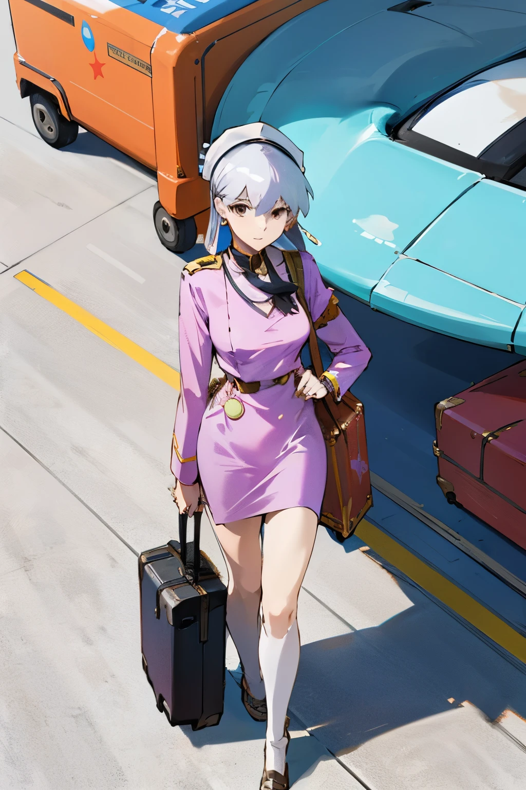 air stewardess Kama standing politely with her suitcase 