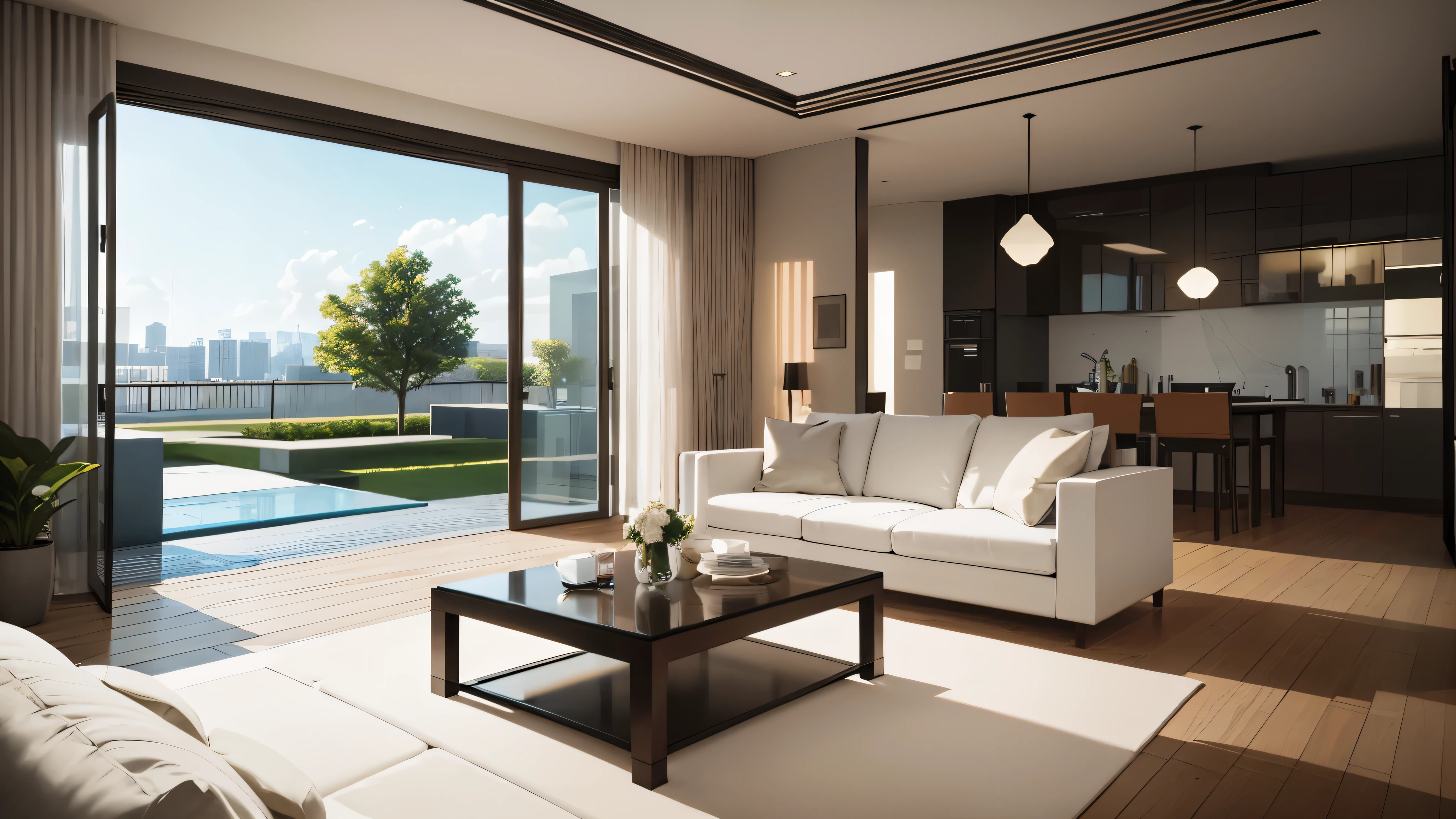 you are a famous interior designer、I was asked to create a 3D image of a large modern room.。. Create a harmonious environment with modern and minimalist furniture. Including garden interior.