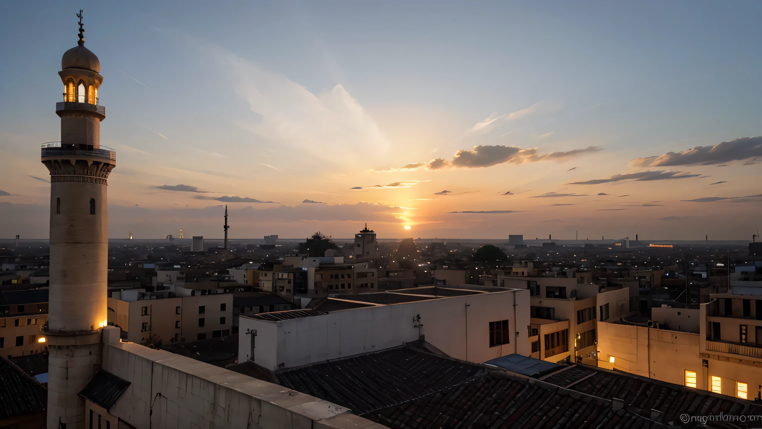 the mosque seen from above, the background of orange clouds in the sunset