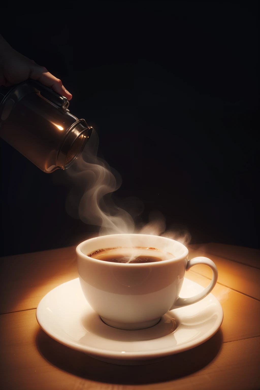 cup of hot coffee in a dark room