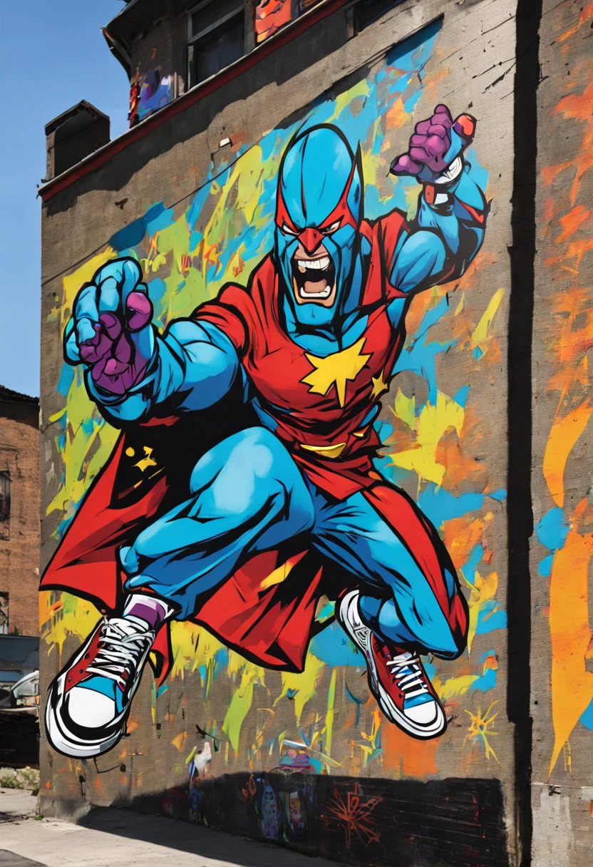 Urban Graffiti Comics Crusader: (vibrant colors:1.3) (graffiti-style:1.3) comic book hero, captured mid-action on a (spray-painted mural:1.2), with (bold outlines:1.2) and (dynamic poses:1.3). The hero sports a (tattered cape:1.1) and (custom sneakers:1.2), emblazoned with (iconic tag symbols:1.3) and stands against a backdrop of a (gritty urban alley:1.2) adorned with (satirical street art:1.3). The scene is bustling with (energetic comic panels:1.2) that blend seamlessly into the (concrete walls:1.1), filled with (onomatopoeic sound effects:1.3) and (animated expressions:1.2) of various (urban characters:1.3).