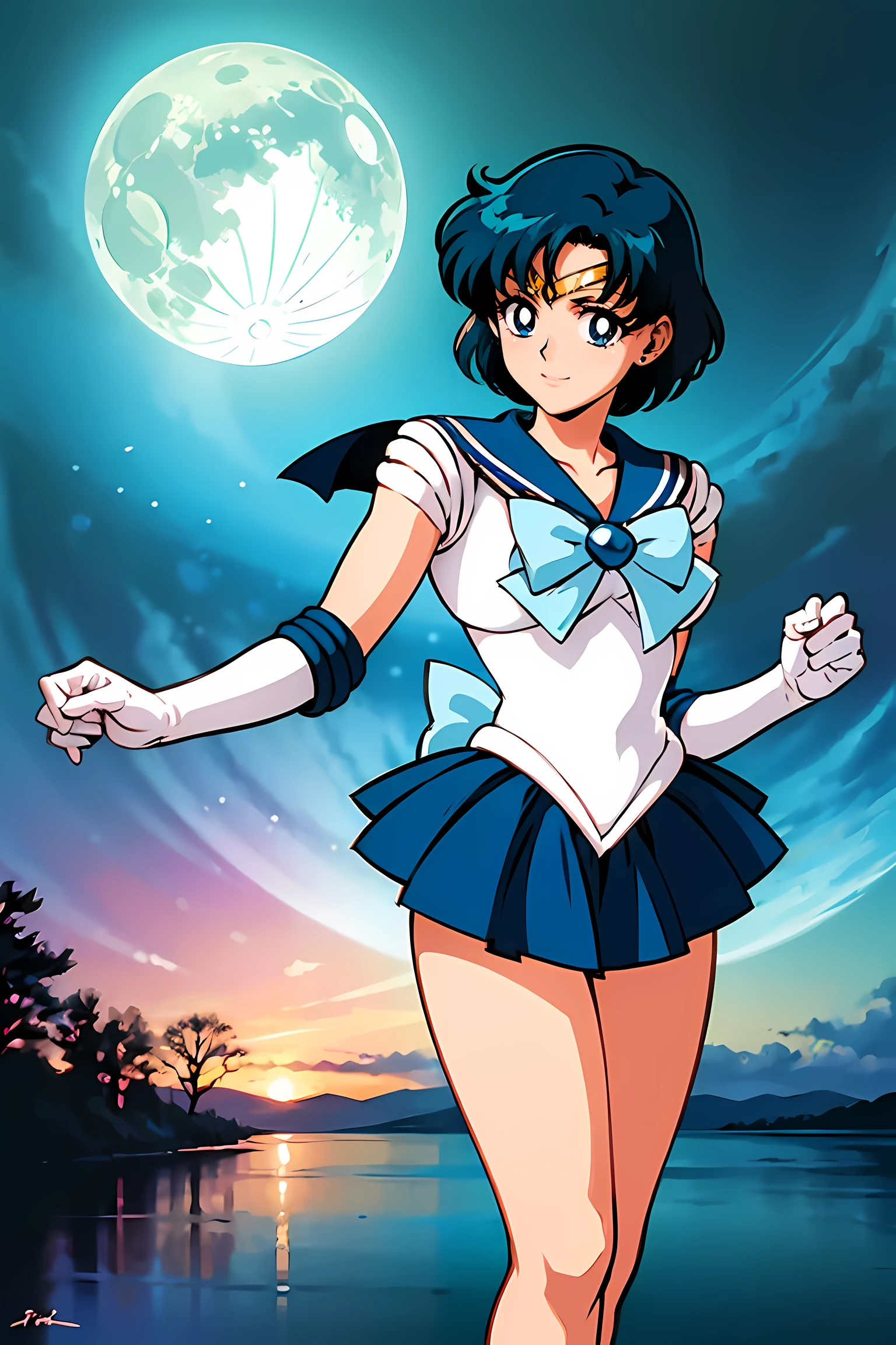 (highest quality:1.3), (masterpiece:1.4),(anatomically correct), (all limbs),(refers to the whole),(precise fingertips), (small details),(8k),(About Photoreal:1.37),sailor moon!!!!!!!!, sailor moon Style,by sailor moon, sailor warrior uniform,(sailor mercury:1.52),aqua eye, dark green hair,white gloves,(fighting pose:1.25),((magical dark forest :1.2)),at dusk, moon, ((Recommended for scenes with strong dark shadows:1.2)), golden flower ,beautiful magical style, water reflection,intense, concept art, digital painting,