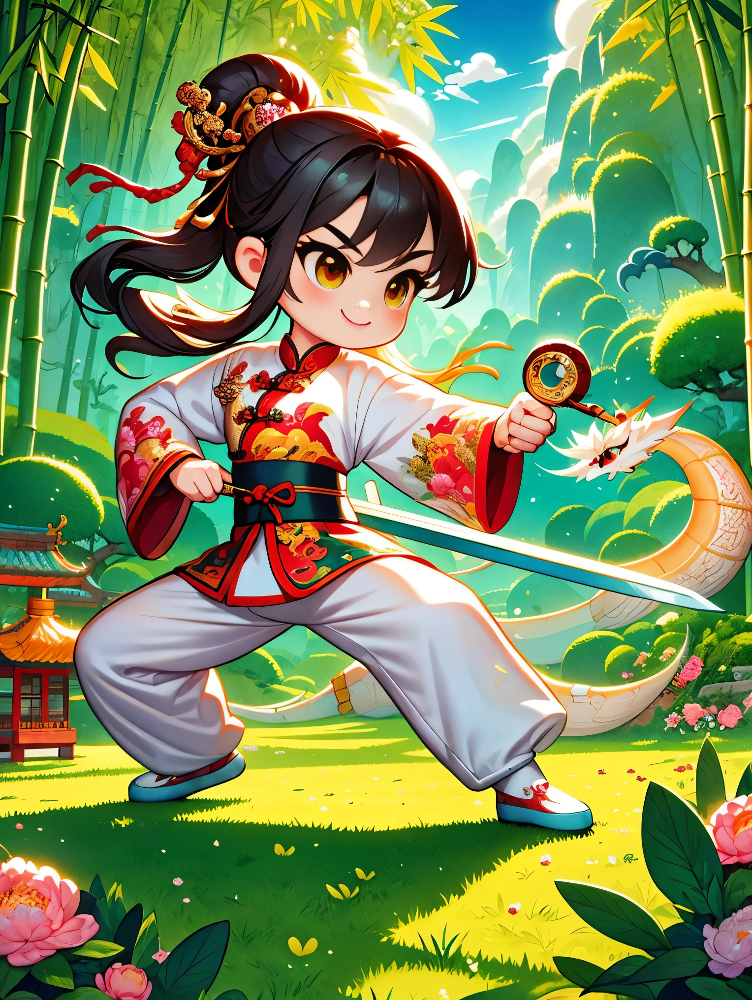 Imagine a vector illustration with a Chinese martial arts theme, rendered in a cute, cartoonish style. A young martial arts hero stands amid ancient Chinese landscapes, his posture light and graceful, with a smile on his face, holding an exquisite short sword. The hero is dressed in bright, uniquely designed traditional attire, embroidered with dragons and phoenixes to showcase rich Chinese cultural elements. The surroundings feature vividly drawn landscapes, with a few elegant clouds and one or two green bamboo trees, adding a fresh and natural vibe to the scene. The whole setting retains the mystery of martial arts stories while integrating modern, cute cartoon elements, making the scene both traditional and fun，(UHD, anatomically correct, masterpiece, ccurate, best quality, 8k), Vector martial arts illustration