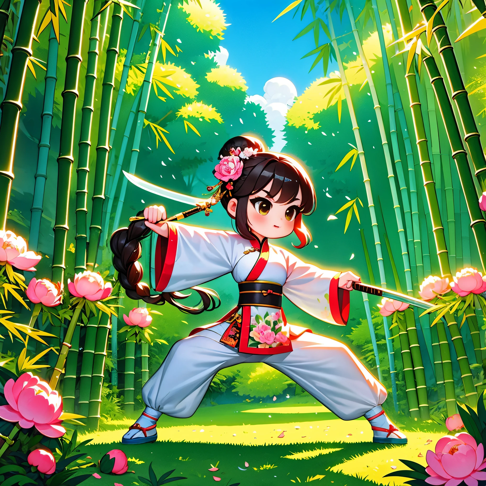 cute cartoon,中国martial arts,vector illustration,1 girl,bamboo forest,martial arts,The posture is full of vitality,Holding a long sword,The costumes are brightly colored,style traditional,Featuring peonies and waves,bamboo forest环境幽静,Lush,tall bamboo stalks,The sun shines dappled sunlight through the leaves,open space,driving range,Vector martial arts illustration