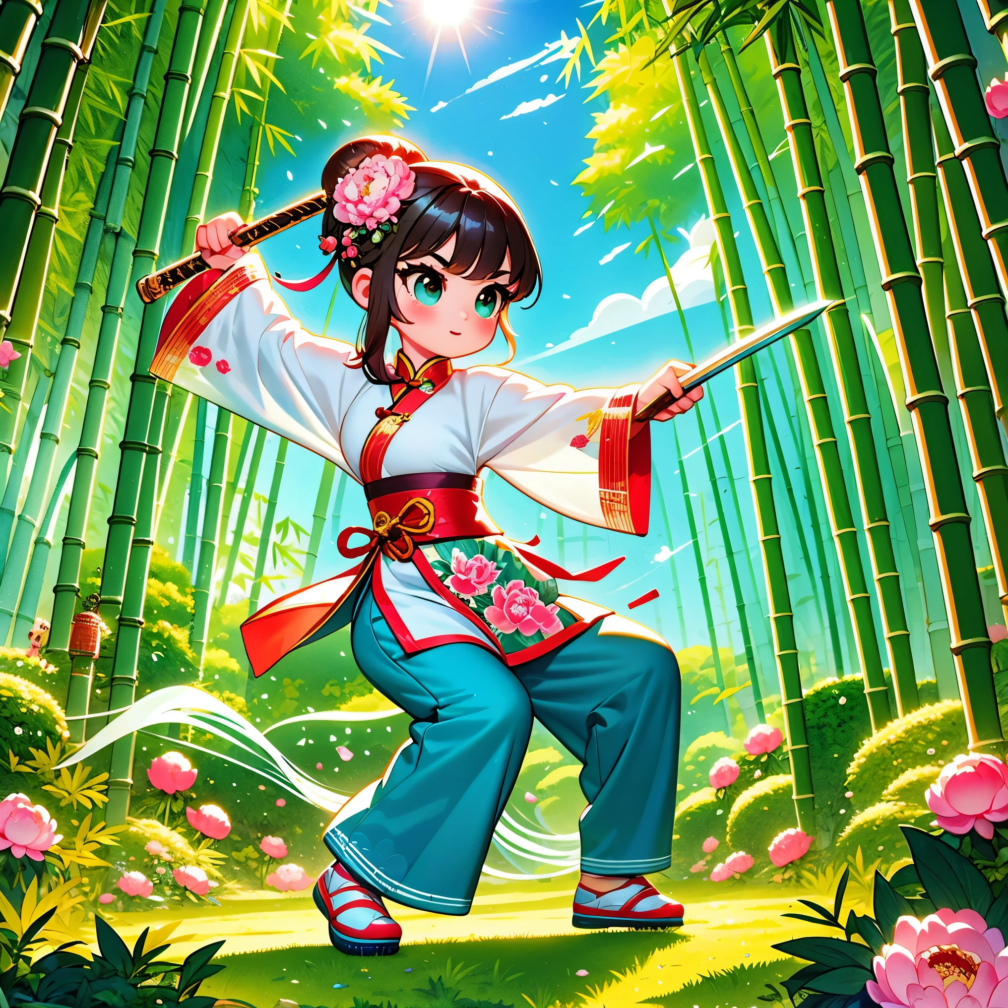 cute cartoon，中国martial arts，vector illustration，1 girl，bamboo forest，martial arts，The posture is full of vitality，Holding a long sword，The costumes are brightly colored，style traditional，Featuring peonies and waves，bamboo forest环境幽静，Lush，tall bamboo stalks，The sun shines dappled sunlight through the leaves，open space，driving range，Vector martial arts illustration