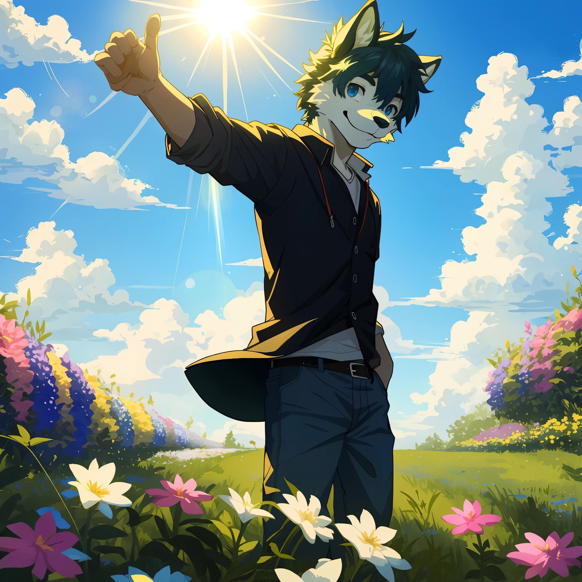 top quality, highres, High-quality illustrations, unparalleled masterpiece(movie of life)farm, Blue sky, clouds, florals Beautiful garden(furry anthro, solo, boy, casual fashion, Relux pose, Smile)absurdres, perfect anatomy, caustics, cinematic lighting, lens flare, deep shadow, dynamic angle,