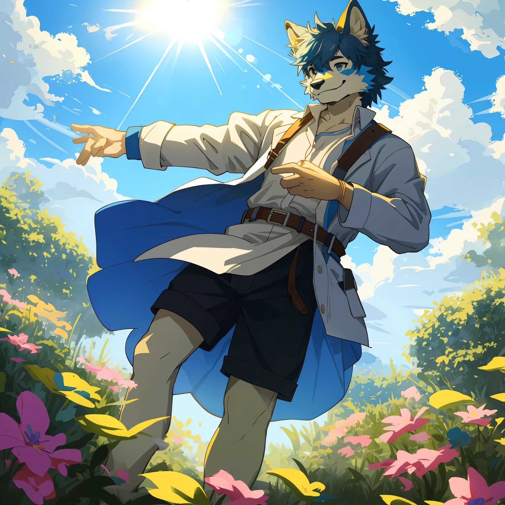top quality, highres, High-quality illustrations, unparalleled masterpiece(movie of life)farm, Blue sky, clouds, florals Beautiful garden(furry anthro, solo, boy, casual fashion, Relux pose, Smile)absurdres, perfect anatomy, caustics, cinematic lighting, lens flare, deep shadow, dynamic angle,