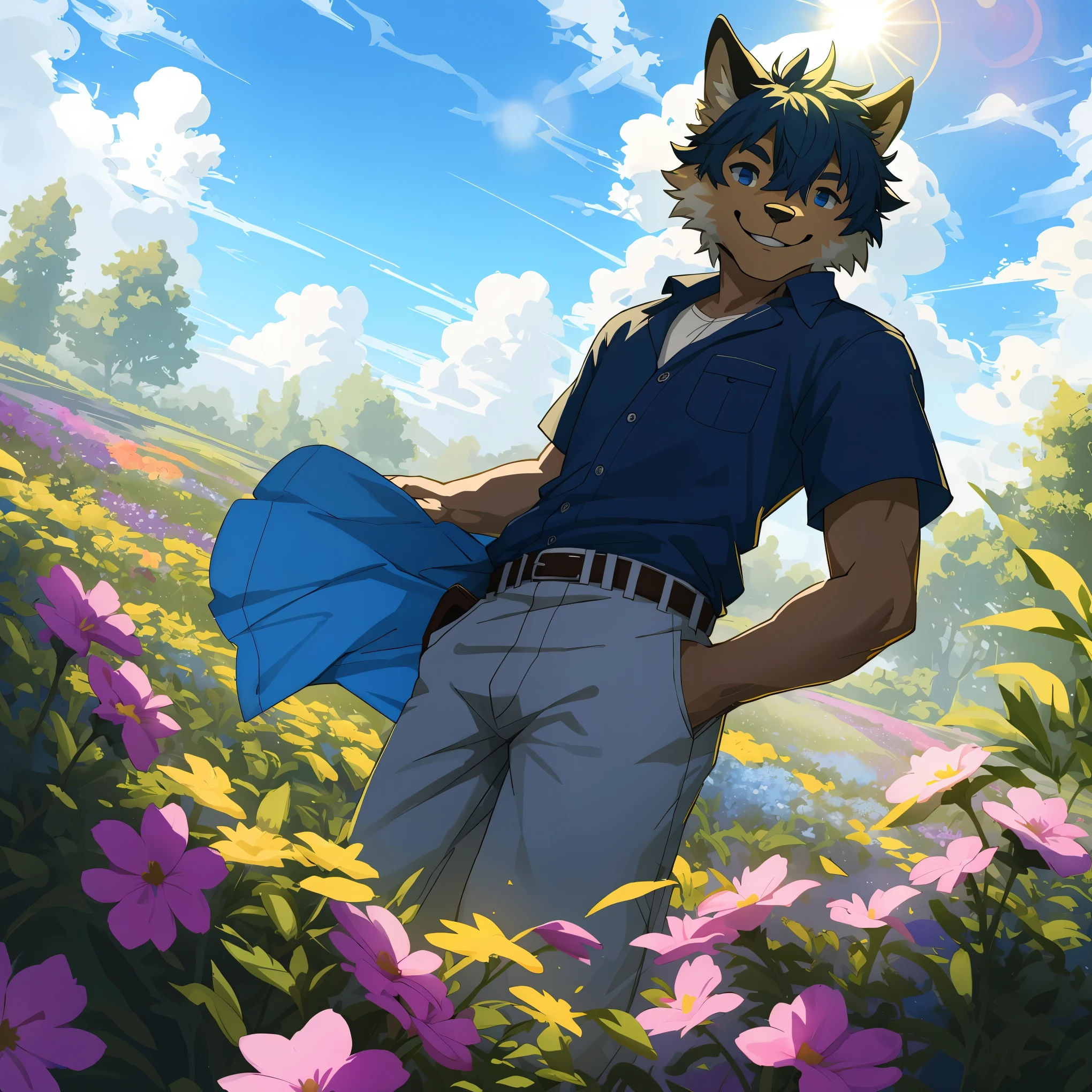 top quality, highres, High-quality illustrations, unparalleled masterpiece(movie of life)farm, Blue sky, clouds, florals Beautiful garden(furry anthro, solo, boy, casual fashion, Relux pose, Smile)absurdres, perfect anatomy, caustics, cinematic lighting, lens flare, deep shadow, dynamic angle,