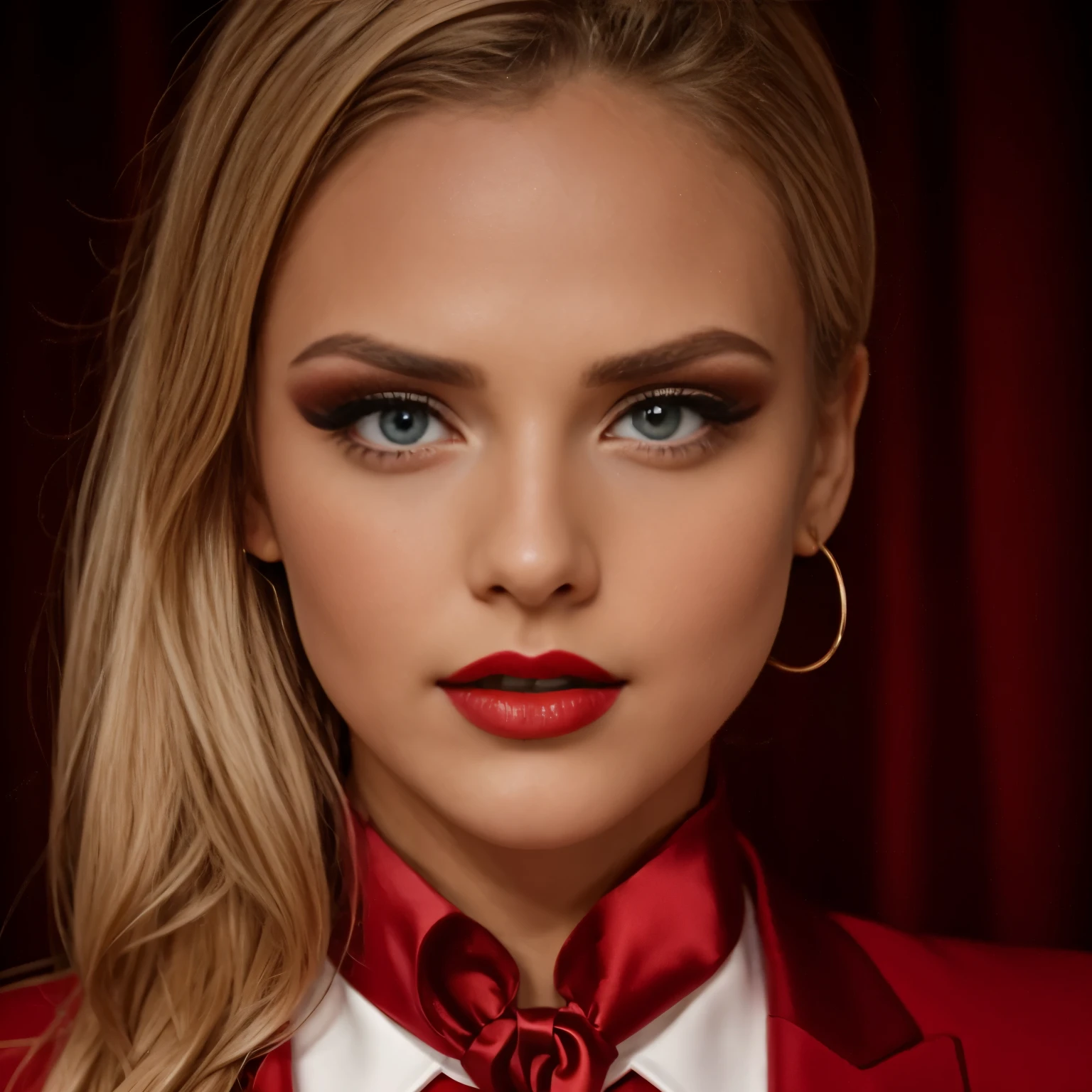 Very sexy girl, Alex Less, Detailed Lips, Detailed Eyes, detailed eyelashes, detailed face, blond hair, earnings, nose pressing, seduction eyes, ((red make-up)), red, full body shot, ((wearing suit)),(( long tie)), 