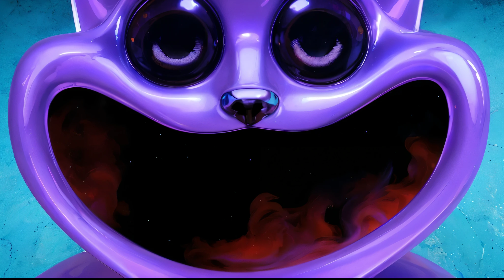  portrait of violet cat toy, toy cat portrait scary, big dark mouth with red smoke inside, glossy texture, smooth 3d model, multiple light sources, rim light, sharp post effects render, (glossy metallic texture with multiple big light probe refractions), perfect cgi, cgi art created only with gradients, smooth silhouette, high intensity refraction, (super glossy chrome material), most beautiful vfx, blue background, chrome metal refractions, rim light, high resolution, realistic
