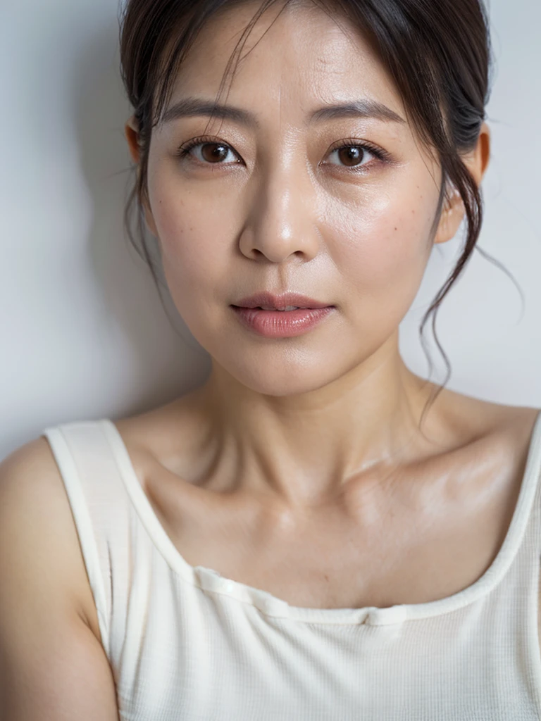 close-up lips,(top quality:1.3),(masterpiece:1.2),(ultra-detailed:1.2),(photo realistic:1.2),UHD, Textured skin, anatomically correct,(Glossy lips:1.2),(Curvy Body),(sleepy eyes:1.2),((One woman)),(beautiful),((Japanese mature woman)),44 years old, milf_saga, white t-shirts,seductive pose,white background
