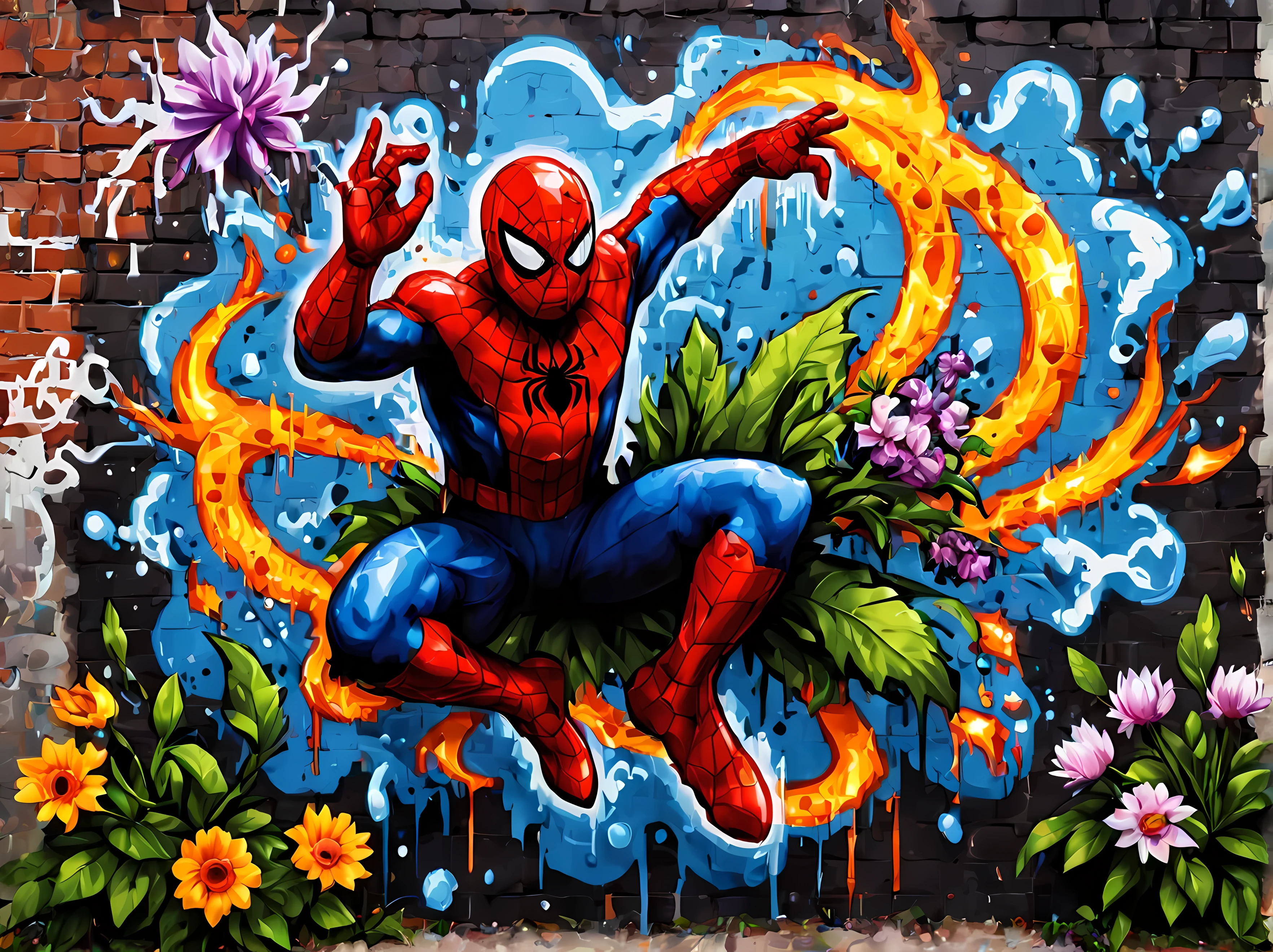 (pixel art:1.4), made of elemental_graffiti, design a mesmerizing ((((wall graffiti)))) featuring heroic Spider-Man in a dynamic pose, nature elements, flowers, bold and vibrant colors, cloudy, magic, intricate details, symbols, abstract, realism, sharp focus, masterpiece in maximum 16K resolution, sharp details, elemental art, graffiti art. | ((More_Detail))
