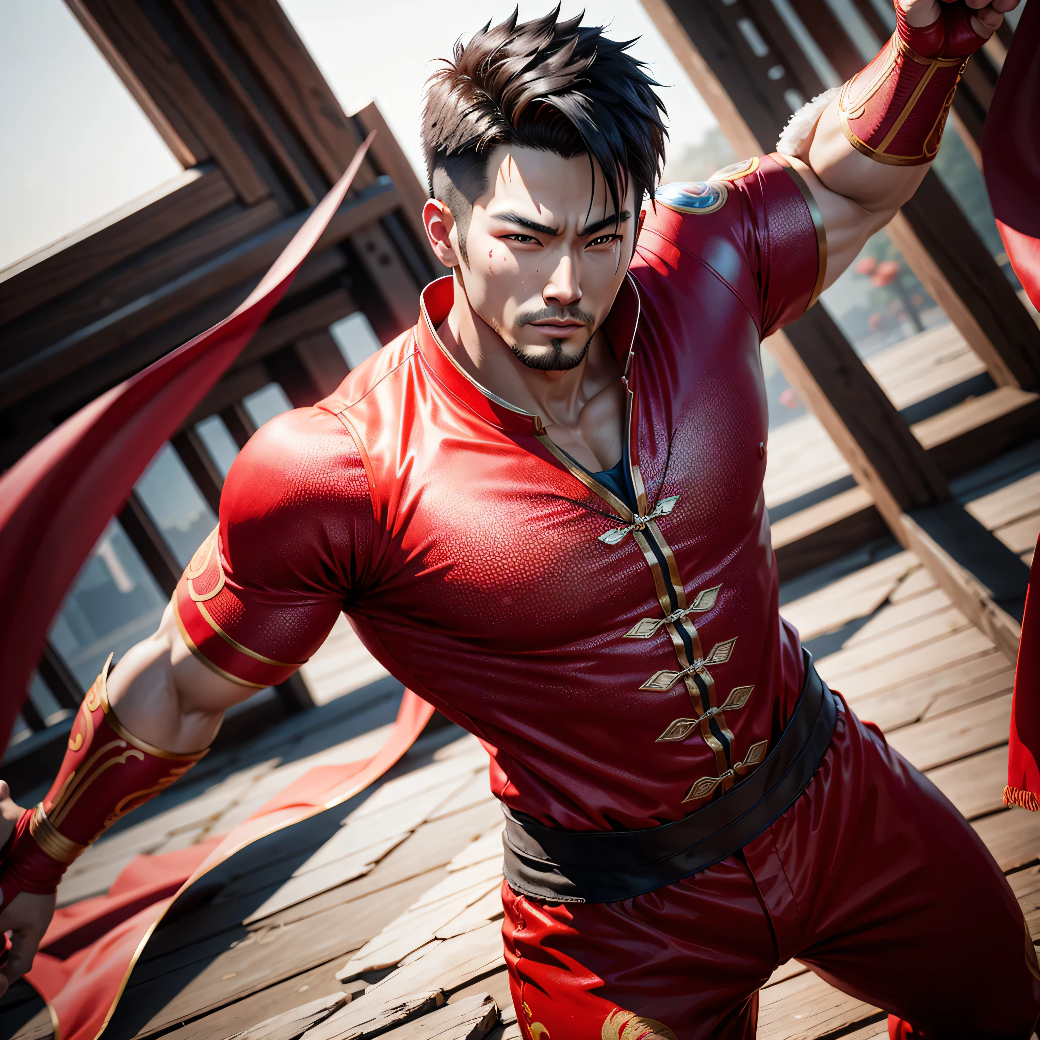 Chinese Guy Super Hero Red clothes Chinese clothes China flag, photo-realistic, octane render, unreal engine, ultra-realistic