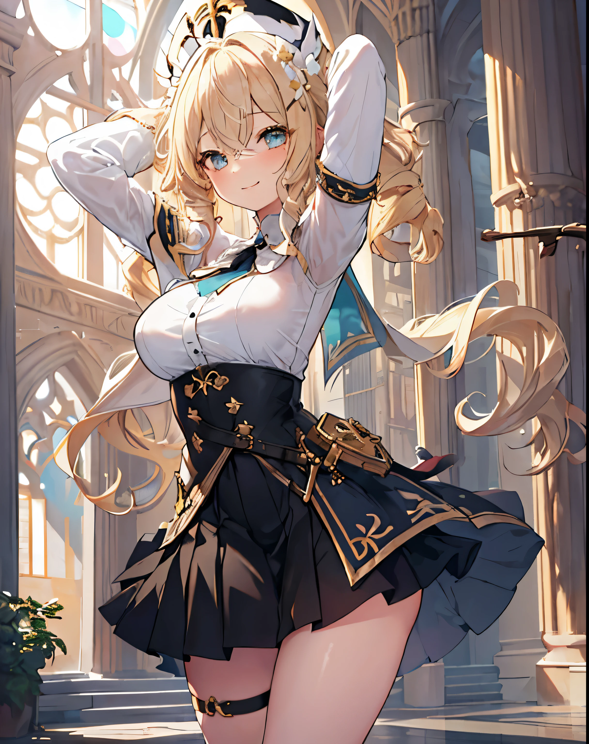 masterpiece,1girl, sparrow, a blonde haired girl, wearing a priestess uniform, curly long hair, messy hair, black skirt, slim body, big breasts, she close her left eye, shirt ornament, ****ppai, naughty smile, beautiful breasts, rounded breasts, aqua eyes, dress, miniskirt, dancing at oasis, ahoge, barbara