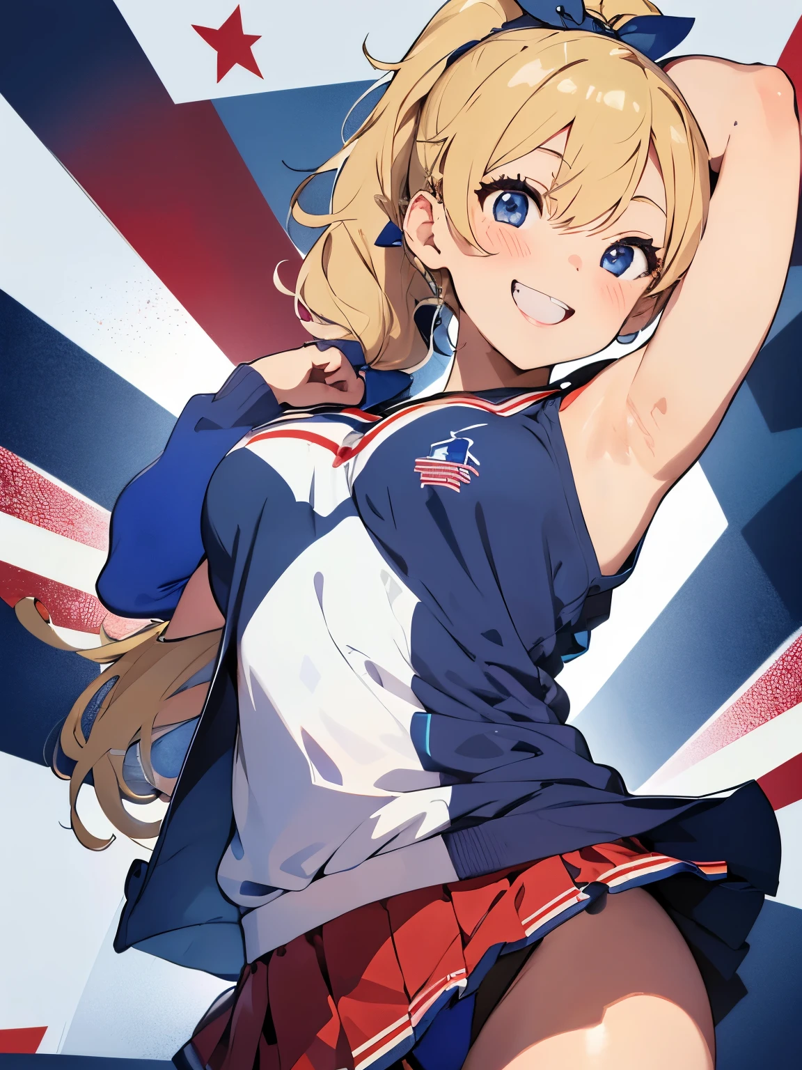 (blonde:1.2),(Side ponytail tied around the temporal lobe:1.3),(Her hair is in a ponytail with curls:1.2),BREAK,(blue lapis lazuli eyes:1.3),(blue ribbon in ponytail knot:1.2),BREAK,(red, white and blue cheerleader costume:1.4),(Smile and cheer:1.3),((Raise both arms high and make dynamic movements:1.2)),(Cheering with wide open mouth smiles:1.25),(ꉂꉂ for support📣:1.35),BREAK,((diamond pattern background:1.3)),(yellow background:1.1),close up of face,((angle from below:1.2))