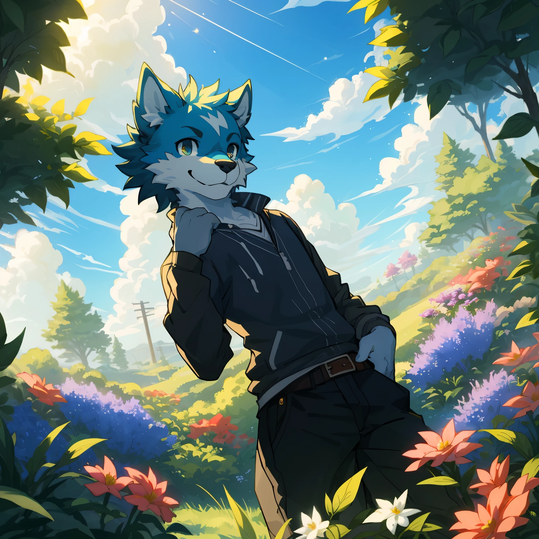 top quality, highres, High-quality illustrations, unparalleled masterpiece(movie of life)farm, Blue sky, clouds, florals Beautiful garden(furry anthro, solo, boy, casual fashion, Relux pose, Smile)absurdres, perfect anatomy, caustics, cinematic lighting, lens flare, deep shadow, dynamic angle,