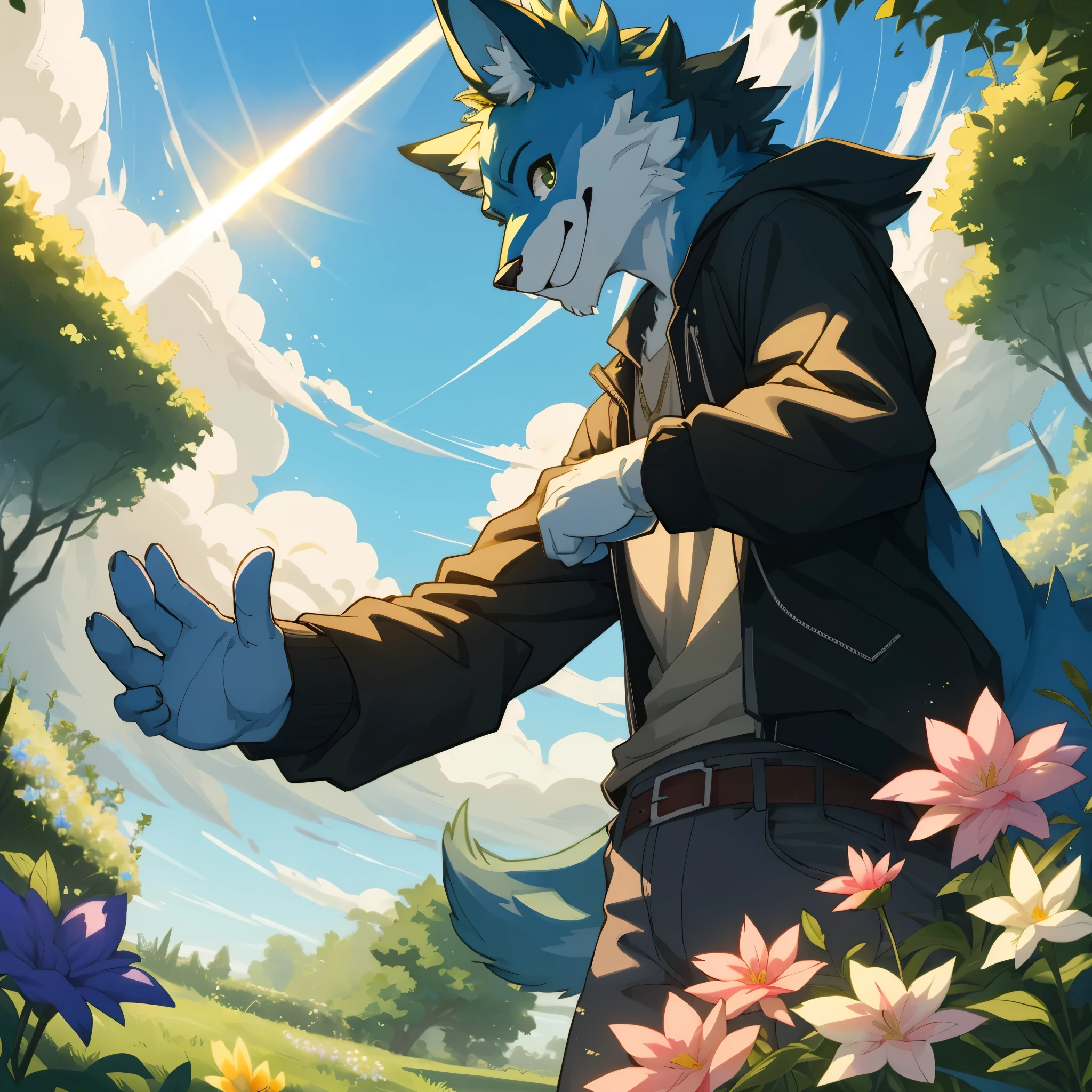 top quality, highres, High-quality illustrations, unparalleled masterpiece(movie of life)farm, Blue sky, clouds, florals Beautiful garden(furry anthro, solo, boy, casual fashion, Relux pose, Smile)absurdres, perfect anatomy, caustics, cinematic lighting, lens flare, deep shadow, dynamic angle,