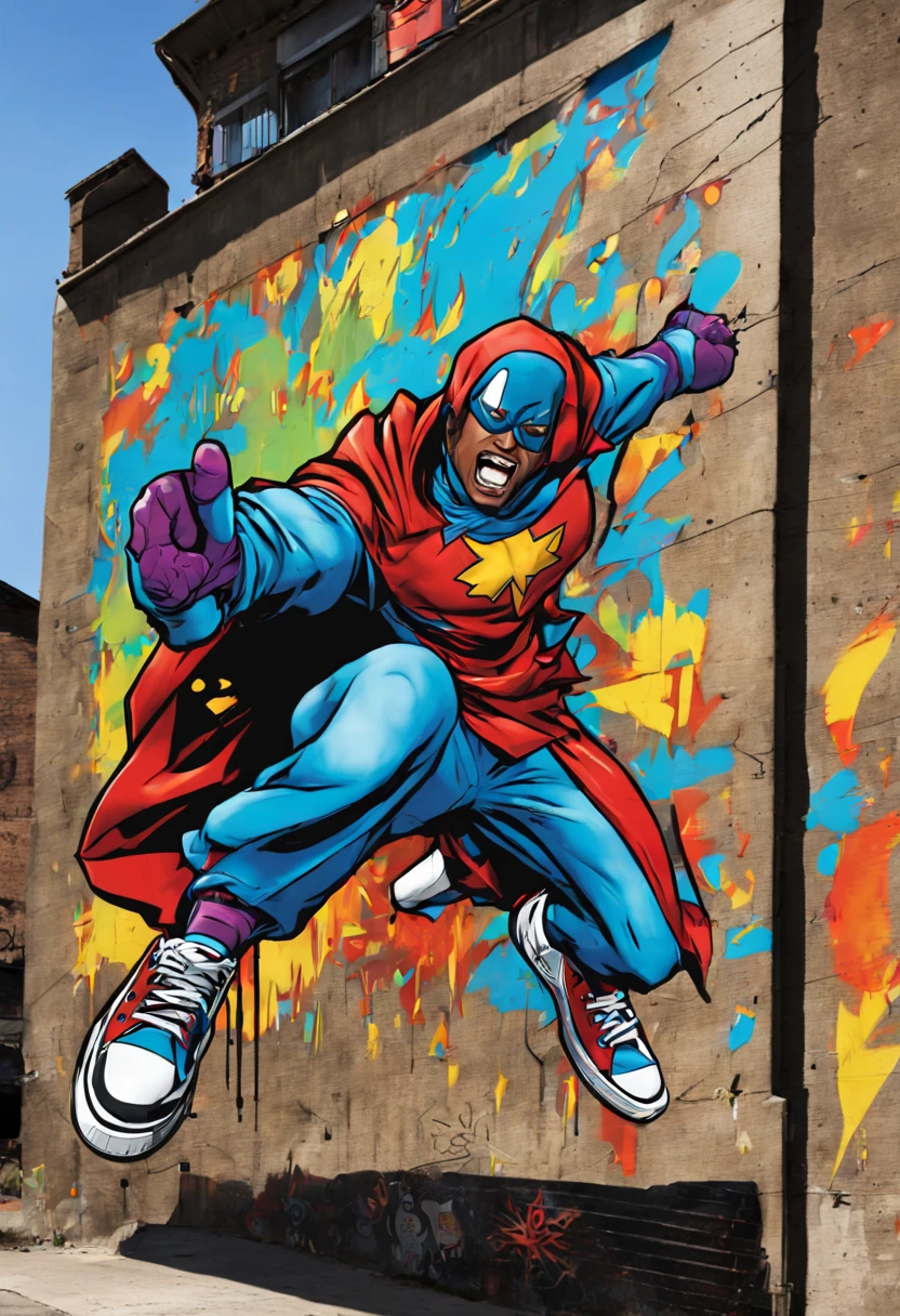 Urban Graffiti Comics Crusader: (vibrant colors:1.3) (graffiti-style:1.3) comic book hero, captured mid-action on a (spray-painted mural:1.2), with (bold outlines:1.2) and (dynamic poses:1.3). The hero sports a (tattered cape:1.1) and (custom sneakers:1.2), emblazoned with (iconic tag symbols:1.3) and stands against a backdrop of a (gritty urban alley:1.2) adorned with (satirical street art:1.3). The scene is bustling with (energetic comic panels:1.2) that blend seamlessly into the (concrete walls:1.1), filled with (onomatopoeic sound effects:1.3) and (animated expressions:1.2) of various (urban characters:1.3).