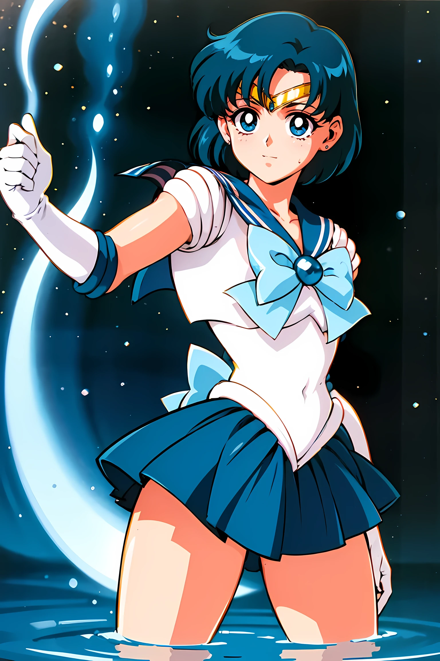 (highest quality:1.3), (masterpiece:1.4),(anatomically correct), (all limbs),(refers to the whole),(precise fingertips), (small details),(8k),(About Photoreal:1.37),sailor moon!!!!!!!!, sailor moon Style,by sailor moon, sailor warrior uniform,(sailor mercury:1.52),aqua eye, dark green hair,white gloves,(fighting pose:1.25),((magical dark forest :1.2)),at dusk, moon, ((Recommended for scenes with strong dark shadows:1.2)), golden flower ,beautiful magical style, water reflection,intense, concept art, digital painting,