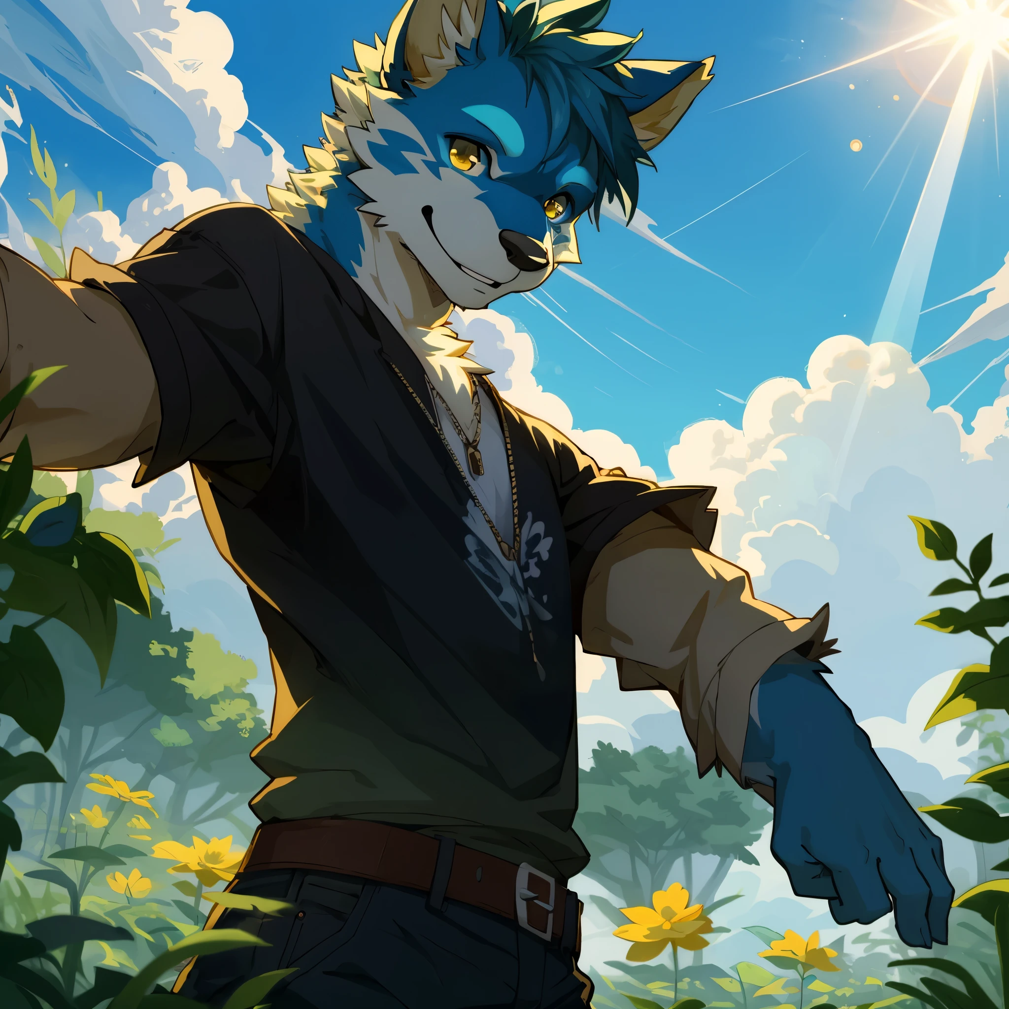 top quality, highres, High-quality illustrations, unparalleled masterpiece(movie of life)farm, Blue sky, clouds, florals Beautiful garden(furry anthro, solo, boy, casual fashion, Relux pose, Smile)absurdres, perfect anatomy, caustics, cinematic lighting, lens flare, deep shadow, dynamic angle,