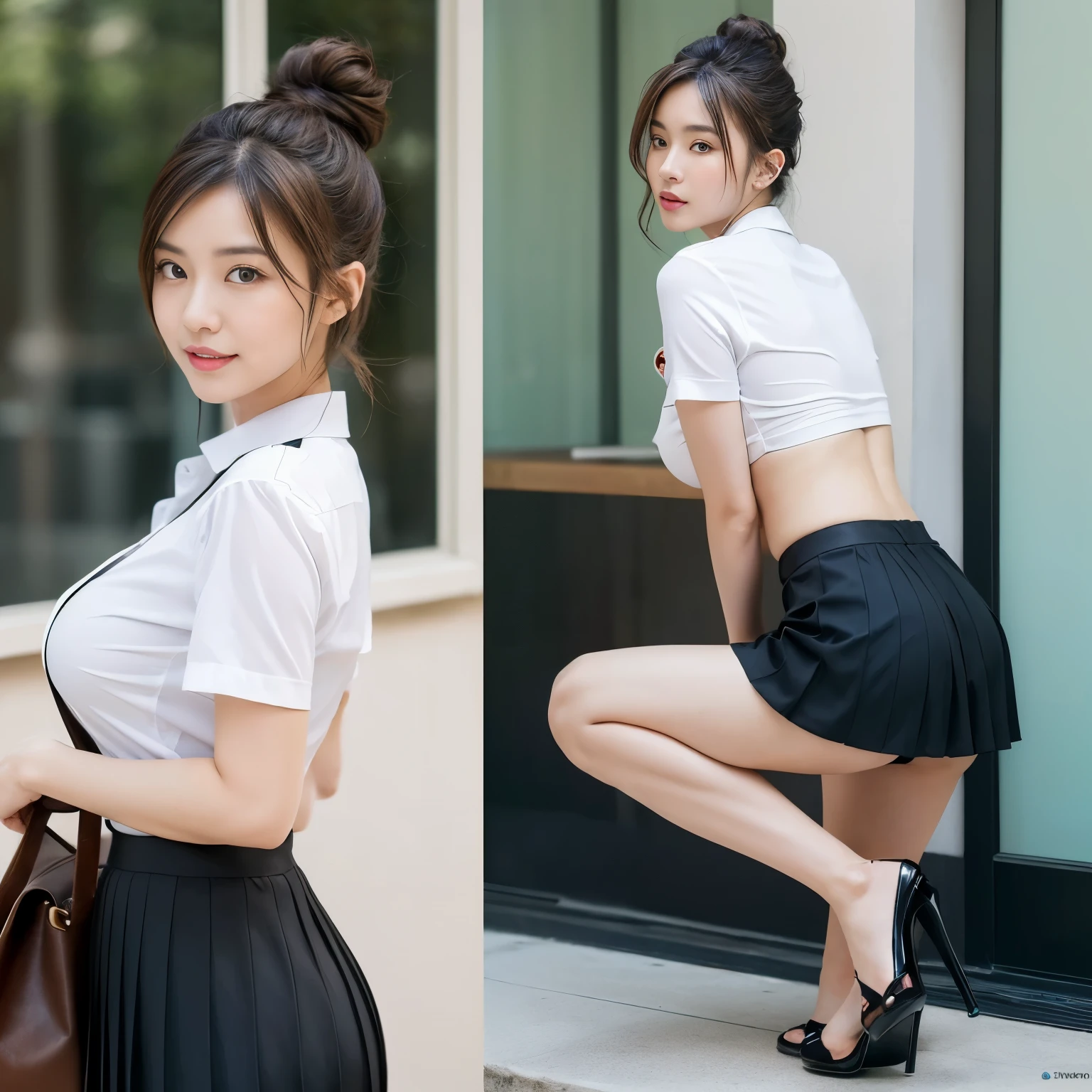 highest quality, 8K quality, masterpiece, surreal,  (Tight super big breasts), Whitening skin, A pure white stretch shirt with a deep red ribbon tie, Micro mini pleated tartan check skirt, (skirt short:1.2), (Stick out your butt and show off your beautiful butt:1.3), (above the knee while standing),healthy body、 Stick your butt out to the camera、She is proud of her slim waist and white full-back panties., skirt lift v1