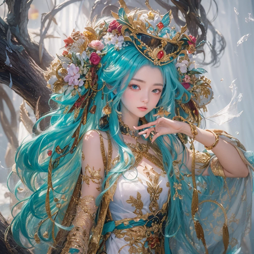 黄 blue colors，enamel，agate，A flesh-colored world，Blood Blue Maiden 32k（masterpiece，HD，Aoyama Pond，Ultra high quality，32k）long flowing bright blue hair，blood pool，Ziddink， a color，Grumpy （After greeting）， （Linen scarf）， fighting stance， looking at the ground， long white hair， Floating bright blue， Fire cloud gold headdress， Chinese long-sleeved gold silk burgundy garment， （Abstract metaverse splash：1.2）， White background，Peony flower vitality protector（realistically：1.4），bright purple hair，Smoke on the road，The background is very pure， high resolution， detail， RAW photos， Sharp Re， Nikon D850 film photo by Jefferies Lee 4 Kodak Portra 400 camera F1.6 guns, colorful, Ultra-realistic and vivid textures, dramatic lighting, Unreal Engine Art Station Trend, Sinest 800，一个有着long flowing bright blue hair的女孩，huge colorful bubbles