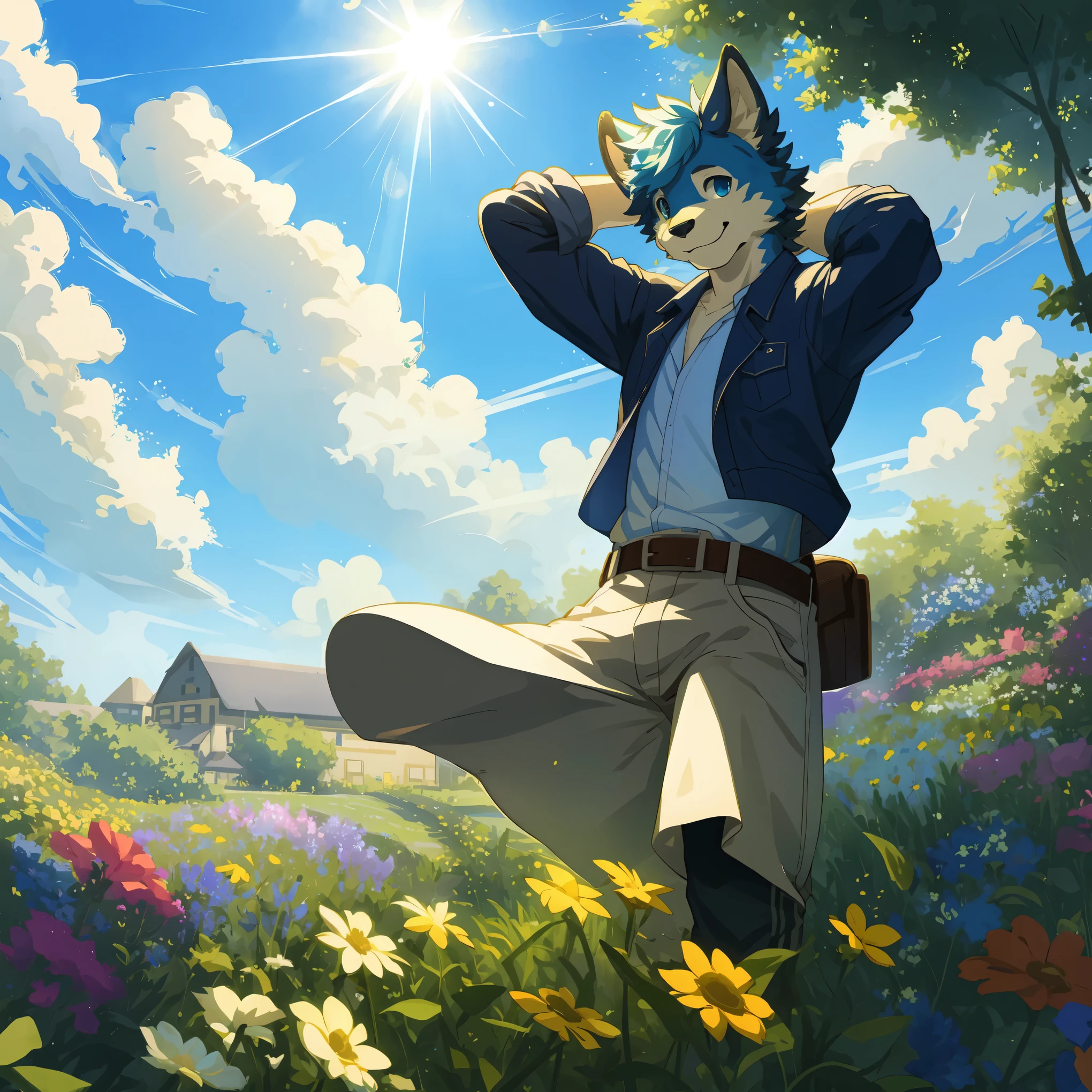 top quality, highres, High-quality illustrations, unparalleled masterpiece(movie of life)farm, Blue sky, clouds, florals Beautiful garden(furry anthro, solo, boy, casual fashion, Relux pose, Smile)absurdres, perfect anatomy, caustics, cinematic lighting, lens flare, deep shadow, dynamic angle,