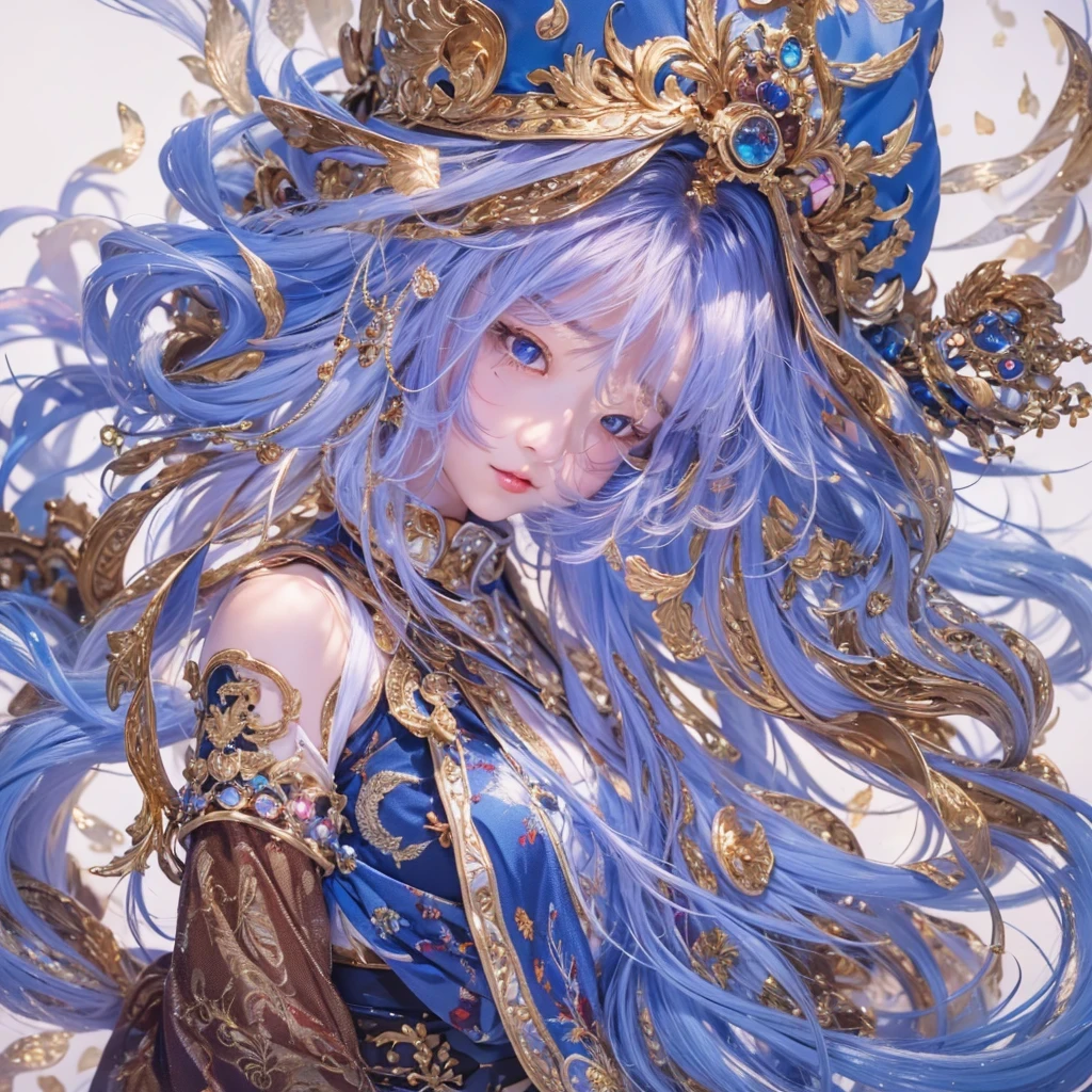 黄 blue colors，enamel，agate，A flesh-colored world，Blood Blue Maiden 32k（masterpiece，HD，Aoyama Pond，Ultra high quality，32k）long flowing bright blue hair，blood pool，Ziddink， a color，Grumpy （After greeting）， （Linen scarf）， fighting stance， looking at the ground， long white hair， Floating bright blue， Fire cloud gold headdress， Chinese long-sleeved gold silk burgundy garment， （Abstract metaverse splash：1.2）， White background，Peony flower vitality protector（realistically：1.4），bright purple hair，Smoke on the road，The background is very pure， high resolution， detail， RAW photos， Sharp Re， Nikon D850 film photo by Jefferies Lee 4 Kodak Portra 400 camera F1.6 guns, colorful, Ultra-realistic and vivid textures, dramatic lighting, Unreal Engine Art Station Trend, Sinest 800，一个有着long flowing bright blue hair的女孩，huge colorful bubbles