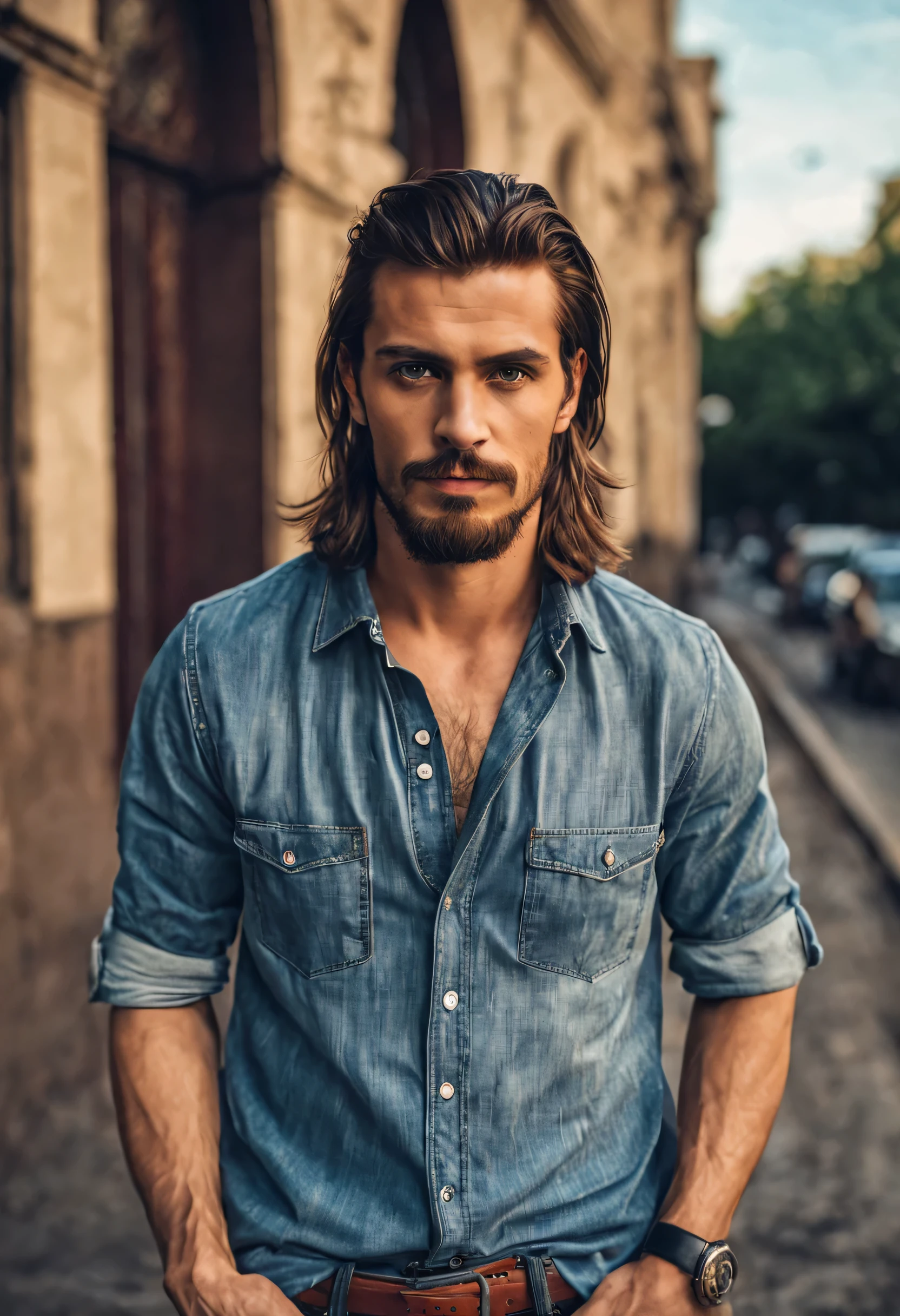 (Foto CRU, melhor qualidade, maximum quality, obra de arte:1.2), (Realista, photo-realista:1.37), ultra-high resolution, (1 homem de 32 anos, homem atraente e bastante fofo, face oval detalhada, os olhos arregalados, average lip thickness, sorriso, head, Slavic appearance, Magro, above average height, ombros largos, cabelo castanho curto detalhado, usa uma camiseta listrada com uma camisa xadrez, jeans azul, wear dark leather sneakers, paisagem urbana detalhada, Santo. Petersburgo, the skin is realistically crafted in detail