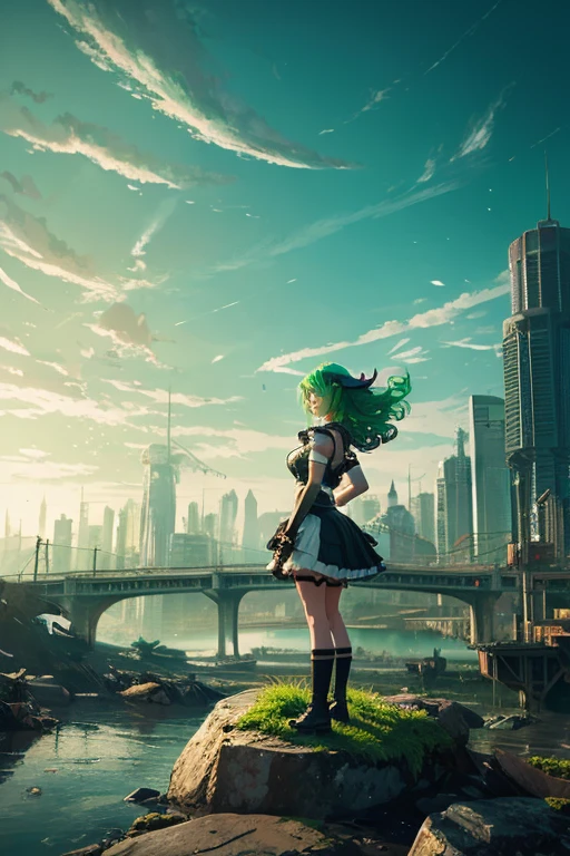 a woman standing on top of a rock next to a river, cyberpunk art, by Krenz Cushart, pixiv contest winner, tatsumaki with green curly hair, anime girl in a maid costume, artgerm 4 k, overlooking a desolate wasteland
