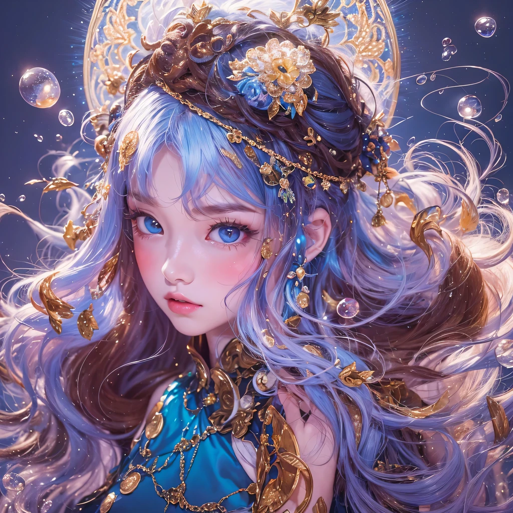 黄 blue colors,enamel,agate,A flesh-colored world,Blood Blue Maiden 32k(masterpiece,HD,Aoyama Pond,Ultra high quality,32k)long flowing bright blue hair,blood pool,Ziddink, a color,Grumpy (After greeting), (Linen scarf), fighting stance, looking at the ground, long white hair, Floating bright blue, Fire cloud gold headdress, Chinese long-sleeved gold silk burgundy garment, (Abstract metaverse splash:1.2), White background,Peony flower vitality protector(realistically:1.4),bright purple hair,Smoke on the road,The background is very pure, high resolution, detail, RAW photos, Sharp Re, Nikon D850 film photo by Jefferies Lee 4 Kodak Portra 400 camera F1.6 guns, colorful, Ultra-realistic and vivid textures, dramatic lighting, Unreal Engine Art Station Trend, Sinest 800,一个有着long flowing bright blue hair的女孩,huge colorful bubbles