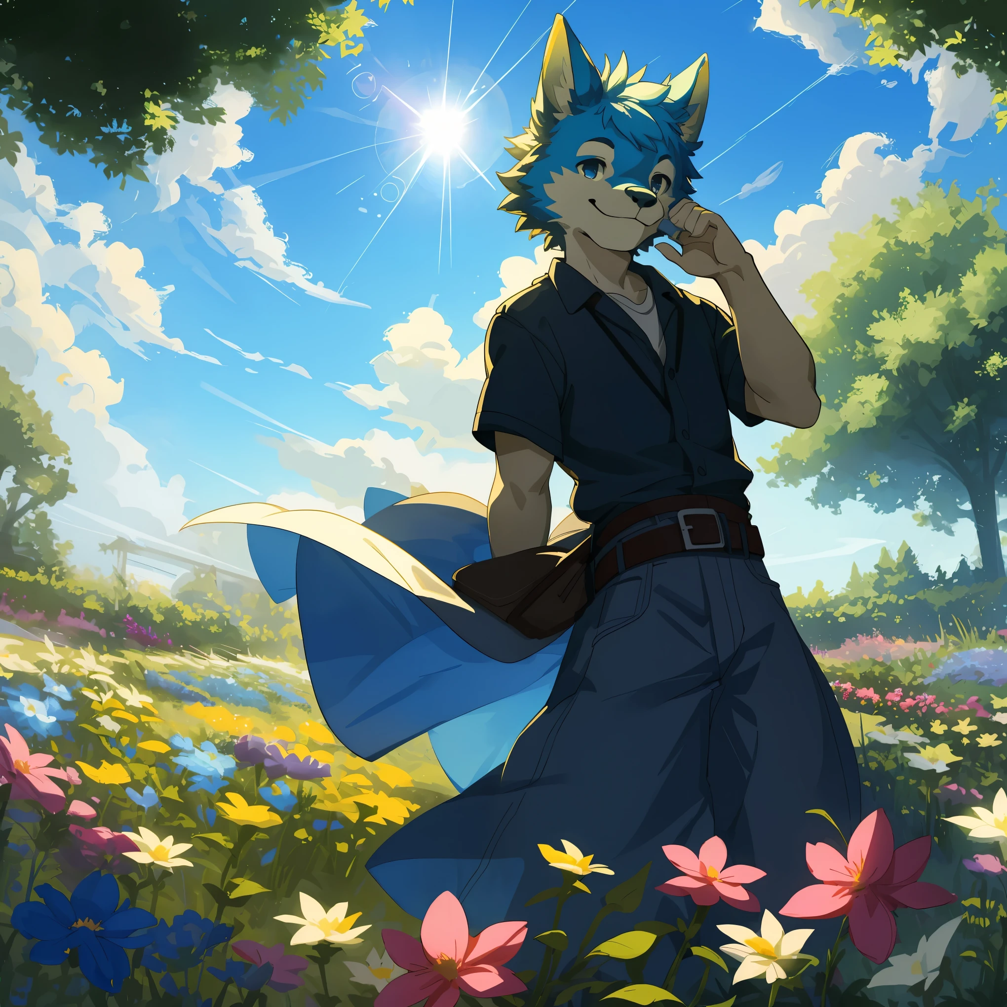 top quality, highres, High-quality illustrations, unparalleled masterpiece(movie of life)farm, Blue sky, clouds, florals Beautiful garden(furry anthro, solo, boy, casual fashion, Relux pose, Smile)absurdres, perfect anatomy, caustics, cinematic lighting, lens flare, deep shadow, dynamic angle,