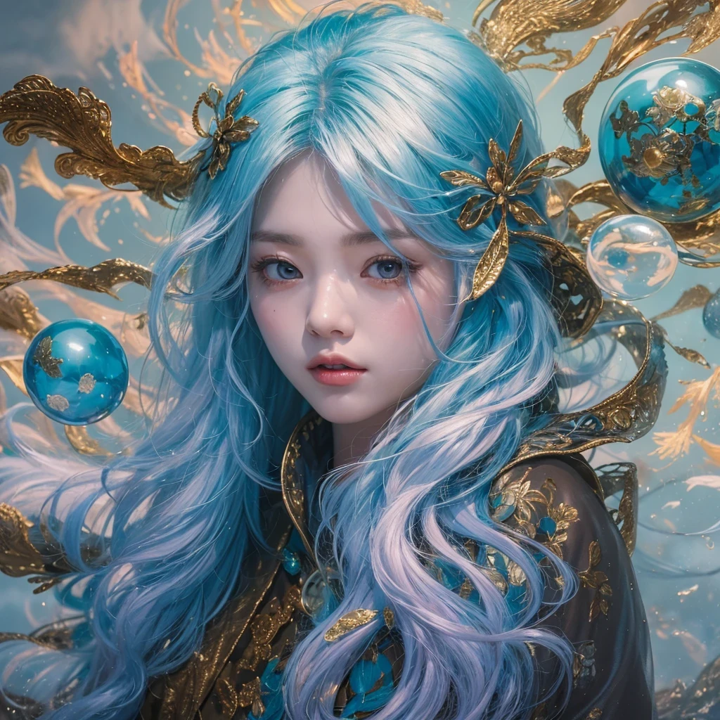 黄 blue colors，enamel，agate，A flesh-colored world，Blood Blue Maiden 32k（masterpiece，HD，Aoyama Pond，Ultra high quality，32k）long flowing bright blue hair，blood pool，Ziddink， a color，Grumpy （After greeting）， （Linen scarf）， fighting stance， looking at the ground， long white hair， Floating bright blue， Fire cloud gold headdress， Chinese long-sleeved gold silk burgundy garment， （Abstract metaverse splash：1.2）， White background，Peony flower vitality protector（realistically：1.4），bright purple hair，Smoke on the road，The background is very pure， high resolution， detail， RAW photos， Sharp Re， Nikon D850 film photo by Jefferies Lee 4 Kodak Portra 400 camera F1.6 guns, colorful, Ultra-realistic and vivid textures, dramatic lighting, Unreal Engine Art Station Trend, Sinest 800，一个有着long flowing bright blue hair的女孩，huge colorful bubbles