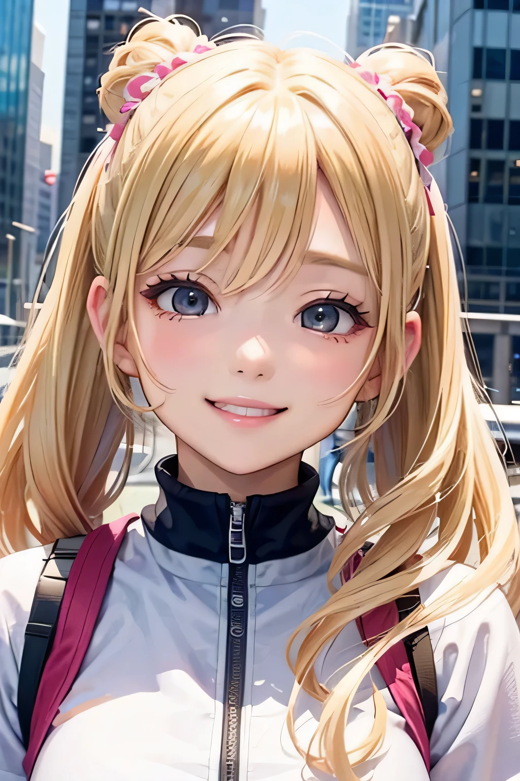 blonde、girl、twin tail hair、smile、urban background、close up of face