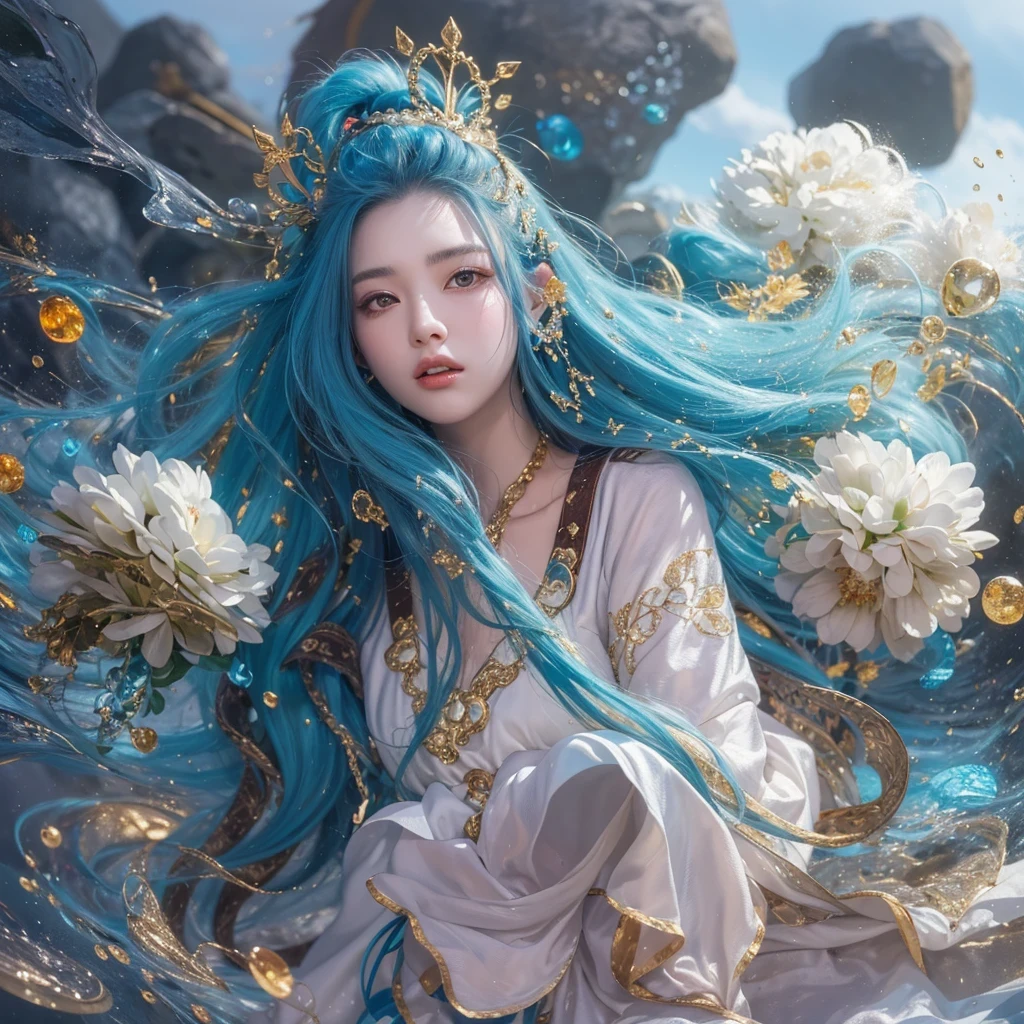 黄 blue colors，enamel，agate，A flesh-colored world，Blood Blue Maiden 32k（masterpiece，HD，Aoyama Pond，Ultra high quality，32k）long flowing bright blue hair，blood pool，Ziddink， a color，Grumpy （After greeting）， （Linen scarf）， fighting stance， looking at the ground， long white hair， Floating bright blue， Fire cloud gold headdress， Chinese long-sleeved gold silk burgundy garment， （Abstract metaverse splash：1.2）， White background，Peony flower vitality protector（realistically：1.4），bright purple hair，Smoke on the road，The background is very pure， high resolution， detail， RAW photos， Sharp Re， Nikon D850 film photo by Jefferies Lee 4 Kodak Portra 400 camera F1.6 guns, colorful, Ultra-realistic and vivid textures, dramatic lighting, Unreal Engine Art Station Trend, Sinest 800，一个有着long flowing bright blue hair的女孩，huge colorful bubbles