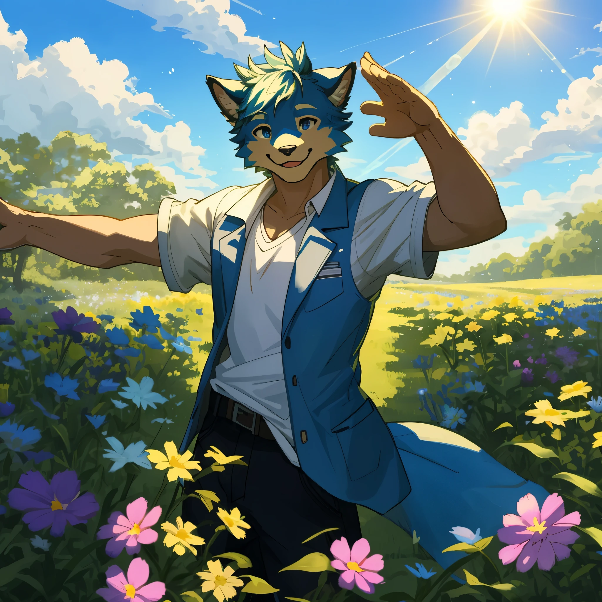 top quality, highres, High-quality illustrations, unparalleled masterpiece(movie of life)farm, Blue sky, clouds, florals Beautiful garden(furry anthro, solo, boy, casual fashion, Relux pose, Smile)absurdres, perfect anatomy, caustics, cinematic lighting, lens flare, deep shadow, dynamic angle,