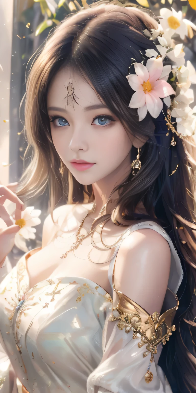 best qualtiy，tmasterpiece，A high resolution，1girll，Dingdall effect，realisticlying，edge lit，twotonelighting，（highdetailskin：1.2），8K  UHD，Pure，Sweet，Flower background，Colorful background，Based on physical rendering，Perfect light and shadow，extreme hight detail，Pink tones，Eye reflections，Raised sexy，perfect bodies，Superb beauty，largeeyes，long eyelasher，Delicate eyes，large shiny eyes，Subtle pupillary reflex，Shoulder and neck details，The pupil texture is delicate，Perfect eyes，Black pupils，best qualtiy，tmasterpiece，16k，A picture，head portrait，Bigchest，longer sleeves，Take care of your chest，Large breasts，Delicate avatar
