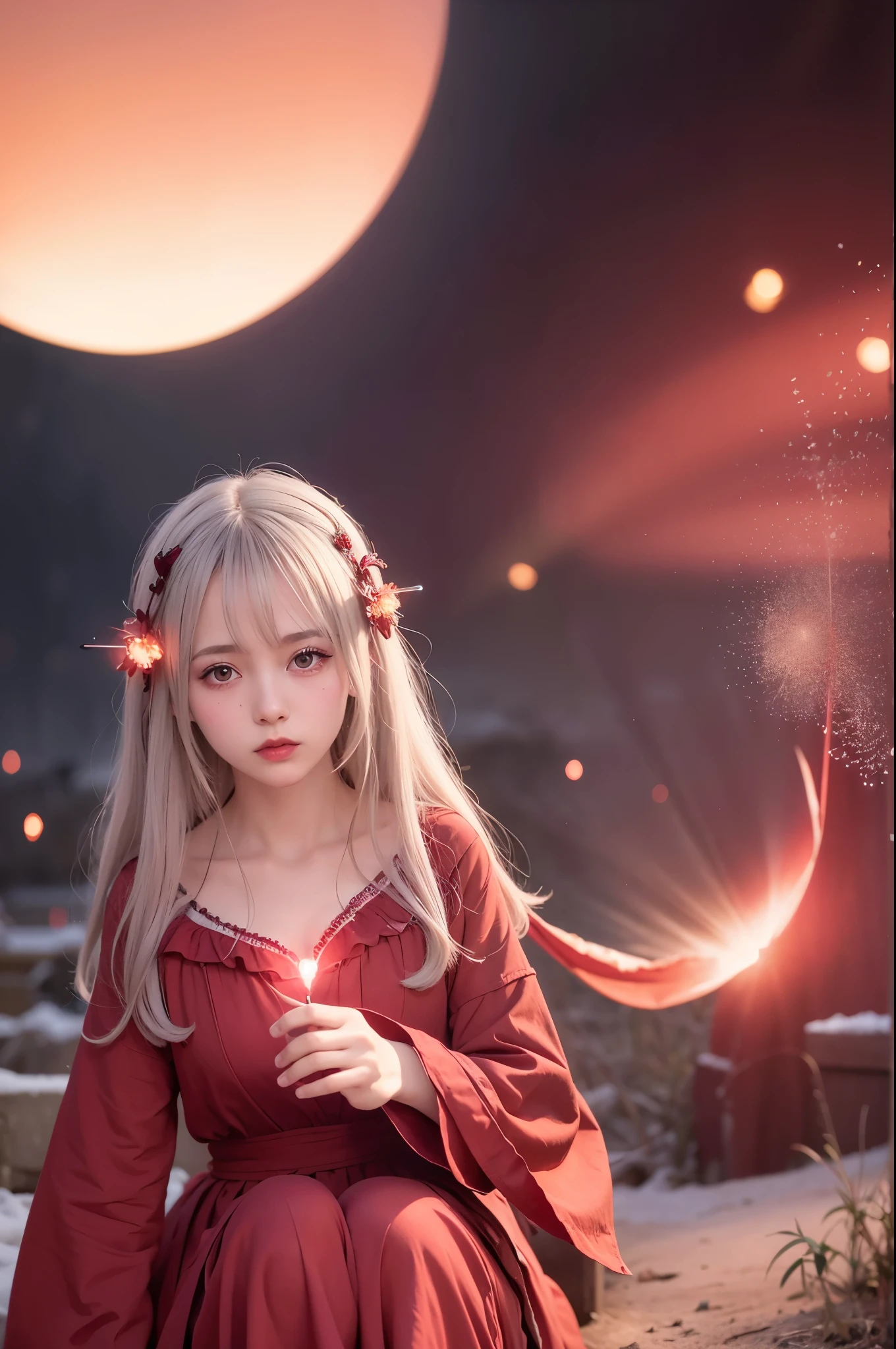 RAW photo, (Full HD epic wallpaper),8K,hyper HD, Digital SLR, Soft lighting, High quality, filmgrain, Fujifilm XT3,The eyes are delicate and clear,The face is super clear,(1 person, femele:1.2),( A half body), Long gray hair, (The camera is focused on the knee:1.3),Solo, Detailed background, Detailed face, Pale complexion, Lolita costume, Red robe, , Floating particles, particle fx,, red flames, the are In the background, Surrounded by a crimson mist, Sunset, symetrical composition, Epic atmosphere,