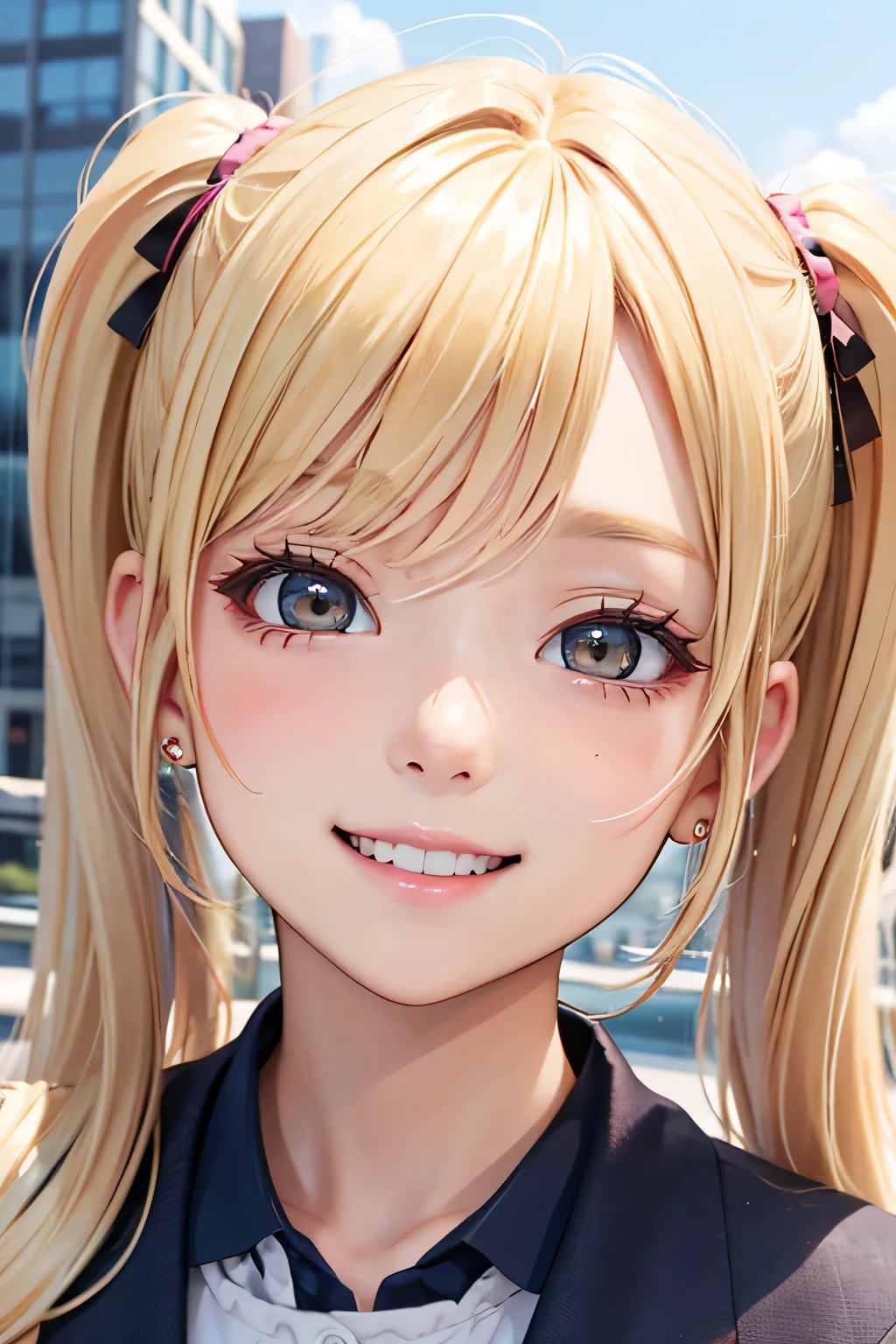 blonde、girl、twin tail hair、smile、urban background、close up of face