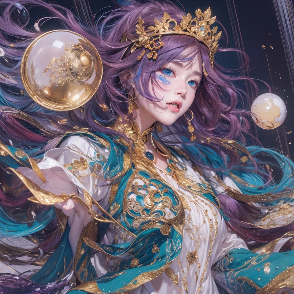 黄 blue colors,enamel,agate,A flesh-colored world,Blood Blue Maiden 32k(masterpiece,HD,Aoyama Pond,Ultra high quality,32k)long flowing bright blue hair,blood pool,Ziddink, a color,Grumpy (After greeting), (Linen scarf), fighting stance, looking at the ground, long white hair, Floating bright blue, Fire cloud gold headdress, Chinese long-sleeved gold silk burgundy garment, (Abstract metaverse splash:1.2), White background,Peony flower vitality protector(realistically:1.4),bright purple hair,Smoke on the road,The background is very pure, high resolution, detail, RAW photos, Sharp Re, Nikon D850 film photo by Jefferies Lee 4 Kodak Portra 400 camera F1.6 guns, colorful, Ultra-realistic and vivid textures, dramatic lighting, Unreal Engine Art Station Trend, Sinest 800,一个有着long flowing bright blue hair的女孩,huge colorful bubbles