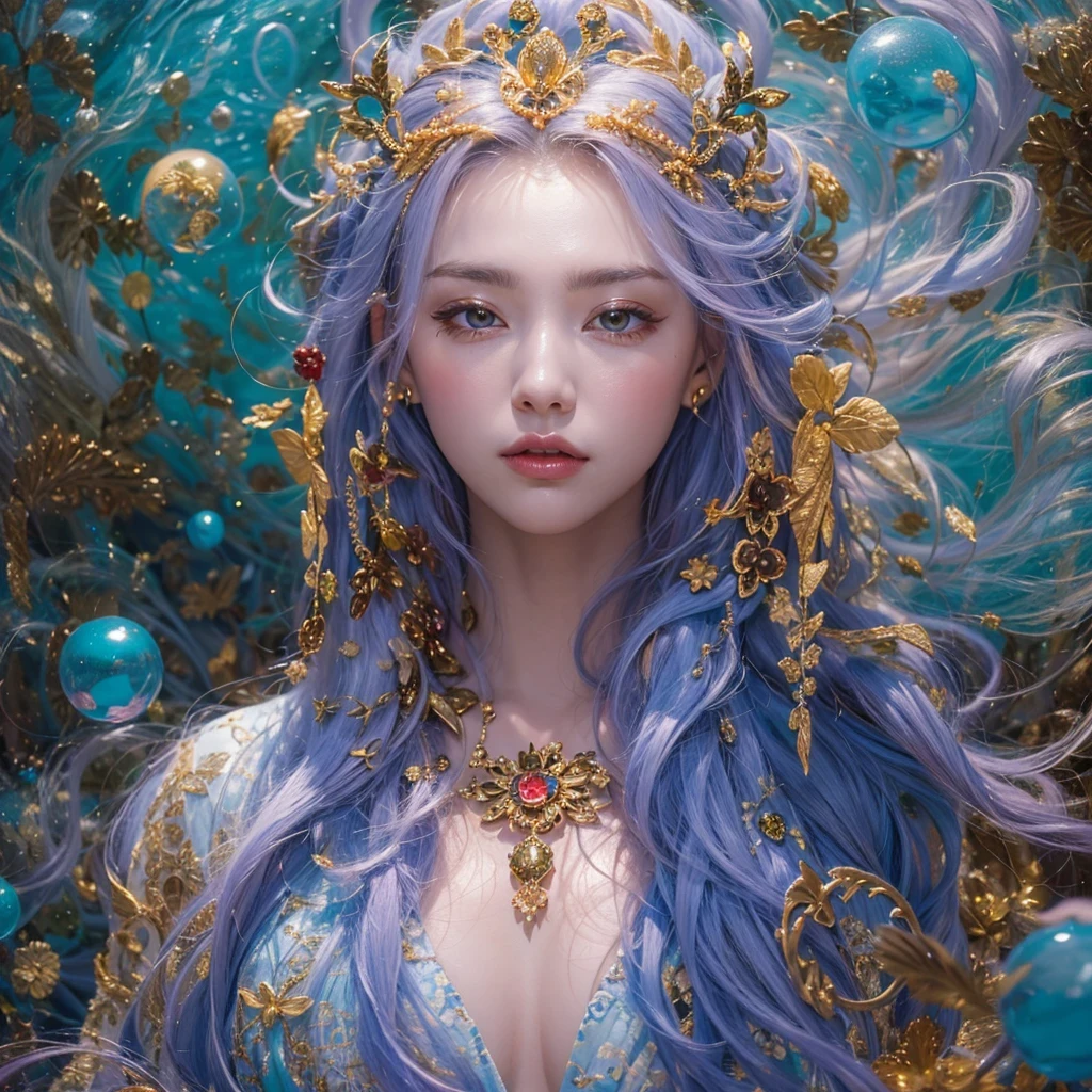 黄 blue colors，enamel，agate，A flesh-colored world，Blood Blue Maiden 32k（masterpiece，HD，Aoyama Pond，Ultra high quality，32k）long flowing bright blue hair，blood pool，Ziddink， a color，Grumpy （After greeting）， （Linen scarf）， fighting stance， looking at the ground， long white hair， Floating bright blue， Fire cloud gold headdress， Chinese long-sleeved gold silk burgundy garment， （Abstract metaverse splash：1.2）， White background，Peony flower vitality protector（realistically：1.4），bright purple hair，Smoke on the road，The background is very pure， high resolution， detail， RAW photos， Sharp Re， Nikon D850 film photo by Jefferies Lee 4 Kodak Portra 400 camera F1.6 guns, colorful, Ultra-realistic and vivid textures, dramatic lighting, Unreal Engine Art Station Trend, Sinest 800，一个有着long flowing bright blue hair的女孩，huge colorful bubbles