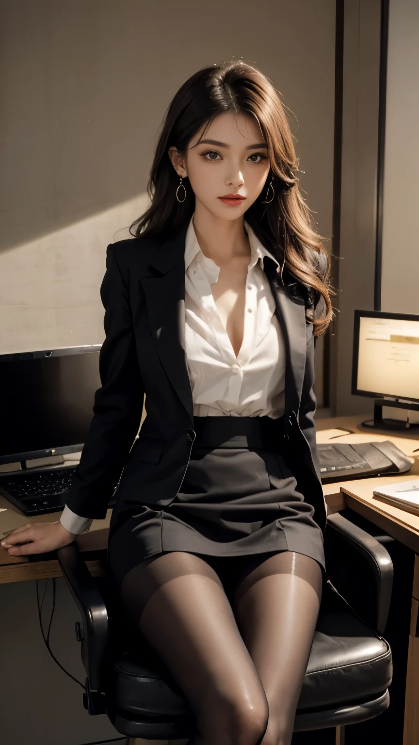 (Masterpiece), ((Best quality)), (Masterpiece,Best quality,offcial art,Extremely detailed Cg Unity 8K wallpaper), ((the most Noble and beautiful,Highly educated woman)),Beauty photo, A lady，solo,(Elegant upper-class super elite secretary in a business shirt),Perfect look，Double eyelid eyes，Delicate makeup， working in an office,wearing a strict business suit, (Wear pantyhose),Wear high-end heels,Girl in shirt, dressed in a suit, huge tit,full bodyesbian,dressed in a suit, dressed in a suit, merchant, Business clothes, wearing black suits, Wear a shirt and skirt, Woman in a suit, Business attire,(luxury computer chair),Seated，Erlang legs，high-heels，view the viewer，brightly，Complicated details，foot focus,from below,cool beauty,(tall girl),Dark brown hair, Small piercings,Precisely expresses details such as face and skin texture,(the most beautiful face and eye), double eyelid,delicate skin,slender body shape,alone,big breasts,(Wearing the most beautiful and noble small earrings)
