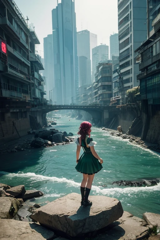 a woman standing on top of a rock next to a river, cyberpunk art, by Krenz Cushart, pixiv contest winner, tatsumaki with green curly hair, anime girl in a maid costume, artgerm 4 k, overlooking a desolate wasteland
