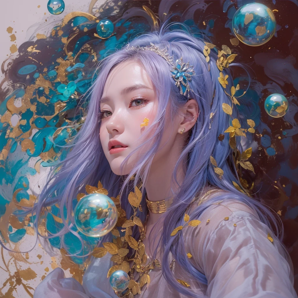 黄 blue colors,enamel,agate,A flesh-colored world,Blood Blue Maiden 32k(masterpiece,HD,Aoyama Pond,Ultra high quality,32k)long flowing bright blue hair,blood pool,Ziddink, a color,Grumpy (After greeting), (Linen scarf), fighting stance, looking at the ground, long white hair, Floating bright blue, Fire cloud gold headdress, Chinese long-sleeved gold silk burgundy garment, (Abstract metaverse splash:1.2), White background,Peony flower vitality protector(realistically:1.4),bright purple hair,Smoke on the road,The background is very pure, high resolution, detail, RAW photos, Sharp Re, Nikon D850 film photo by Jefferies Lee 4 Kodak Portra 400 camera F1.6 guns, colorful, Ultra-realistic and vivid textures, dramatic lighting, Unreal Engine Art Station Trend, Sinest 800,一个有着long flowing bright blue hair的女孩,huge colorful bubbles