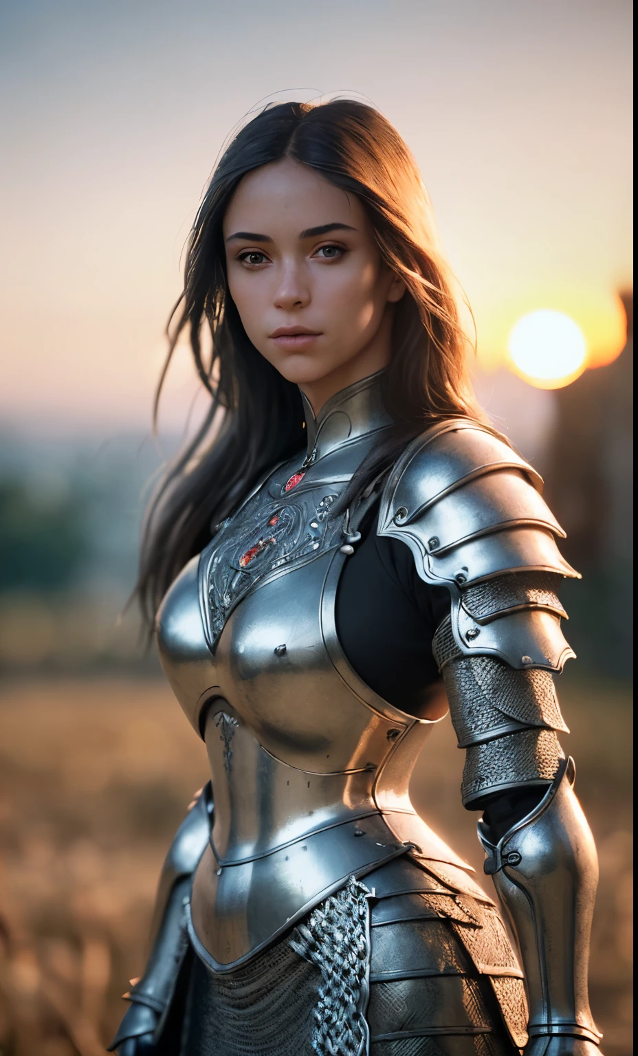 (masterpiece), (extremely intricate:1.3), (realistic), portrait of a girl, the most beautiful in the world, (medieval armor), metal reflections, upper body, outdoors, intense sunlight, far away castle, professional photograph of a stunning woman detailed, sharp focus, dramatic, award winning, cinematic lighting, octane render  unreal engine,  volumetrics dtx, (film grain, blurry background, blurry foreground, bokeh, depth of field, sunset, motion blur:1.3), chainmail