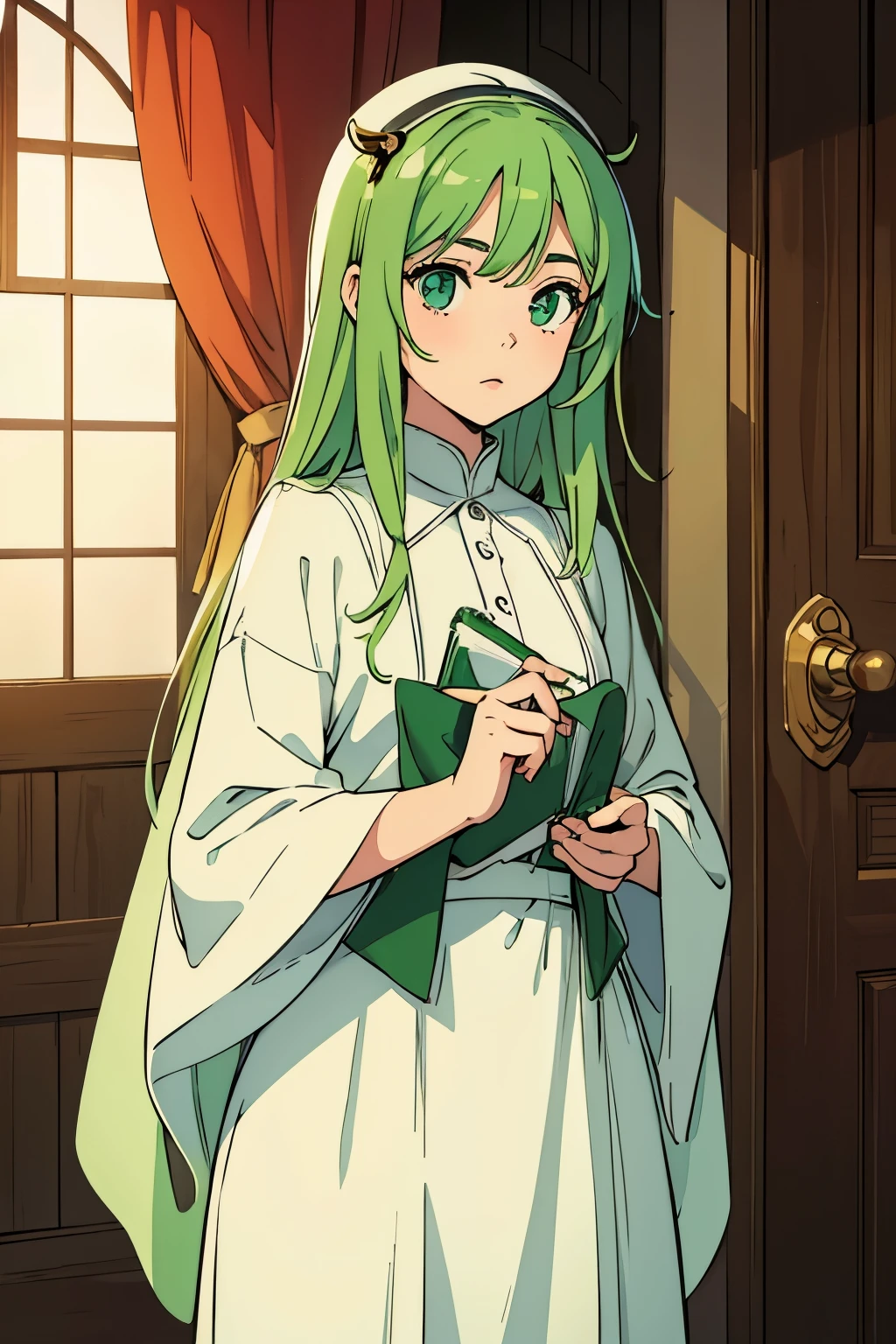 (Best quality:1.1), (Masterpiece:1.4), (Illustration fantastique:1.2), 1fille, cute girl, green hair, green and white clothes, Saudi girl, Saudi Arabia 🇸🇦 