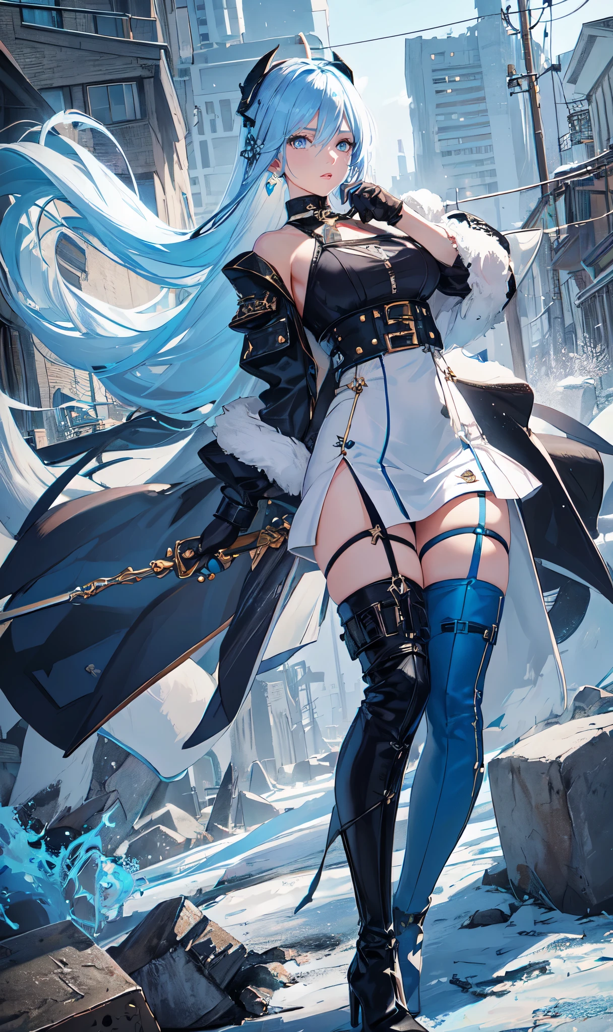 Abandoned winter industrial town background,(pure white straight hair：2.0),(blue cu rlhair end:2.0)issue card,Standing close-up,dream world,scars on face,(Slender blue phoenix eyes,pink lipstick,long eyelashes),Gloves,Short sword,choker,(Assassin&#39;s Tight Combat Suit,Torn and worn midriff-baring combat uniform,Leather miniskirt,leg rings,belt：2.0),fur tube top(choker),Over-the-knee high-heeled boots,strappy high heel boots,There are many straps on the legs,Detailed drawn background